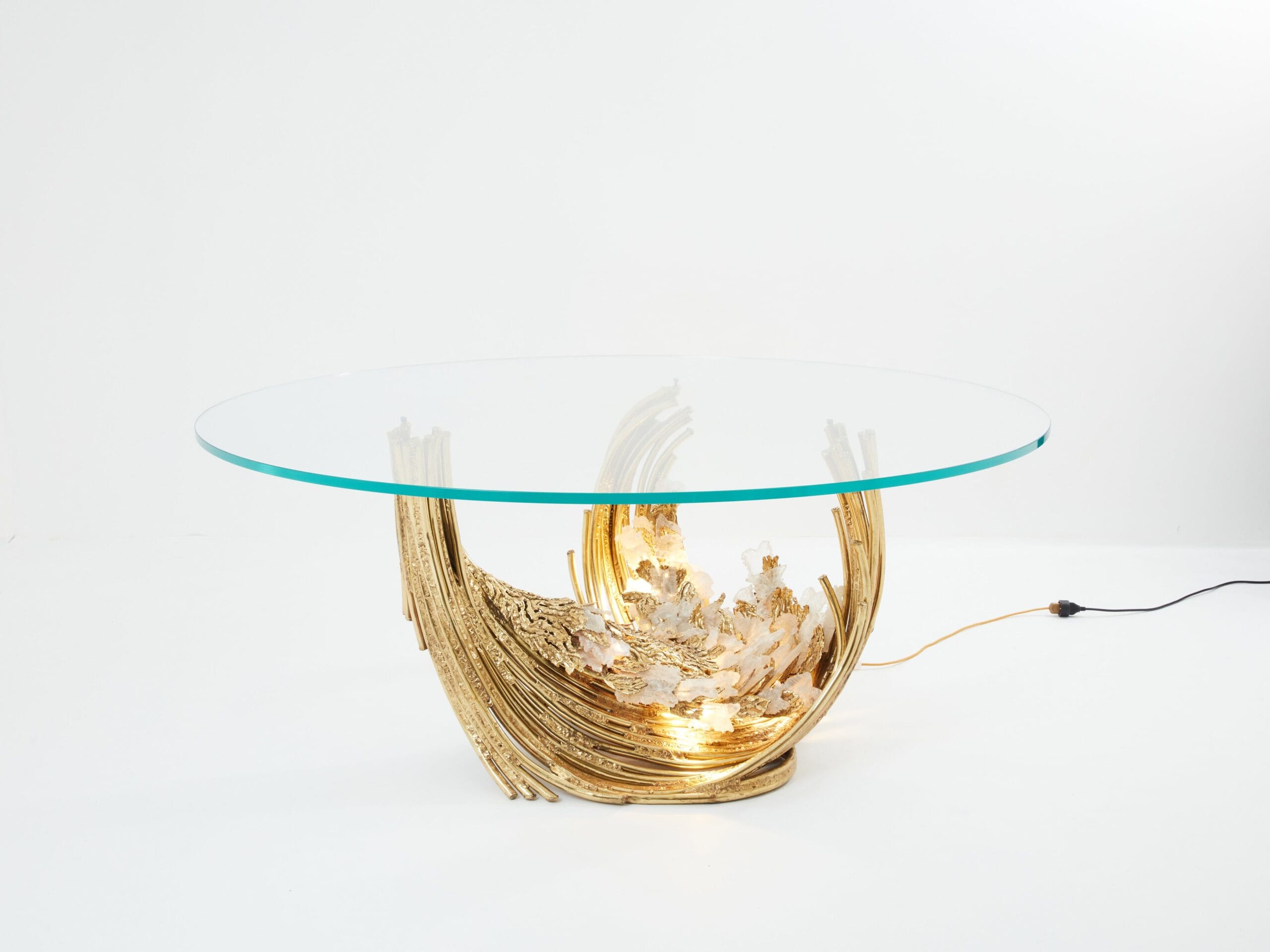 Table à Manger en Laiton et Cristal de Roche Signée Isabelle Faure, Années 1970