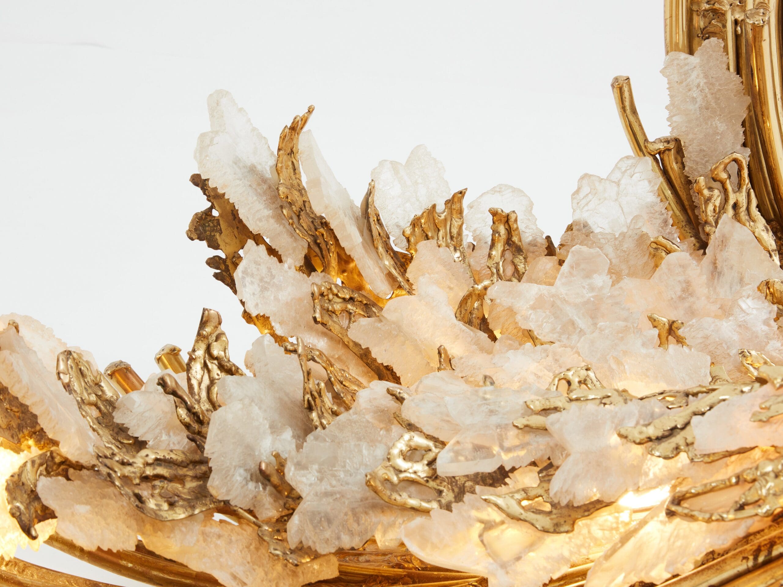 Table à Manger en Laiton et Cristal de Roche Signée Isabelle Faure, Années 1970