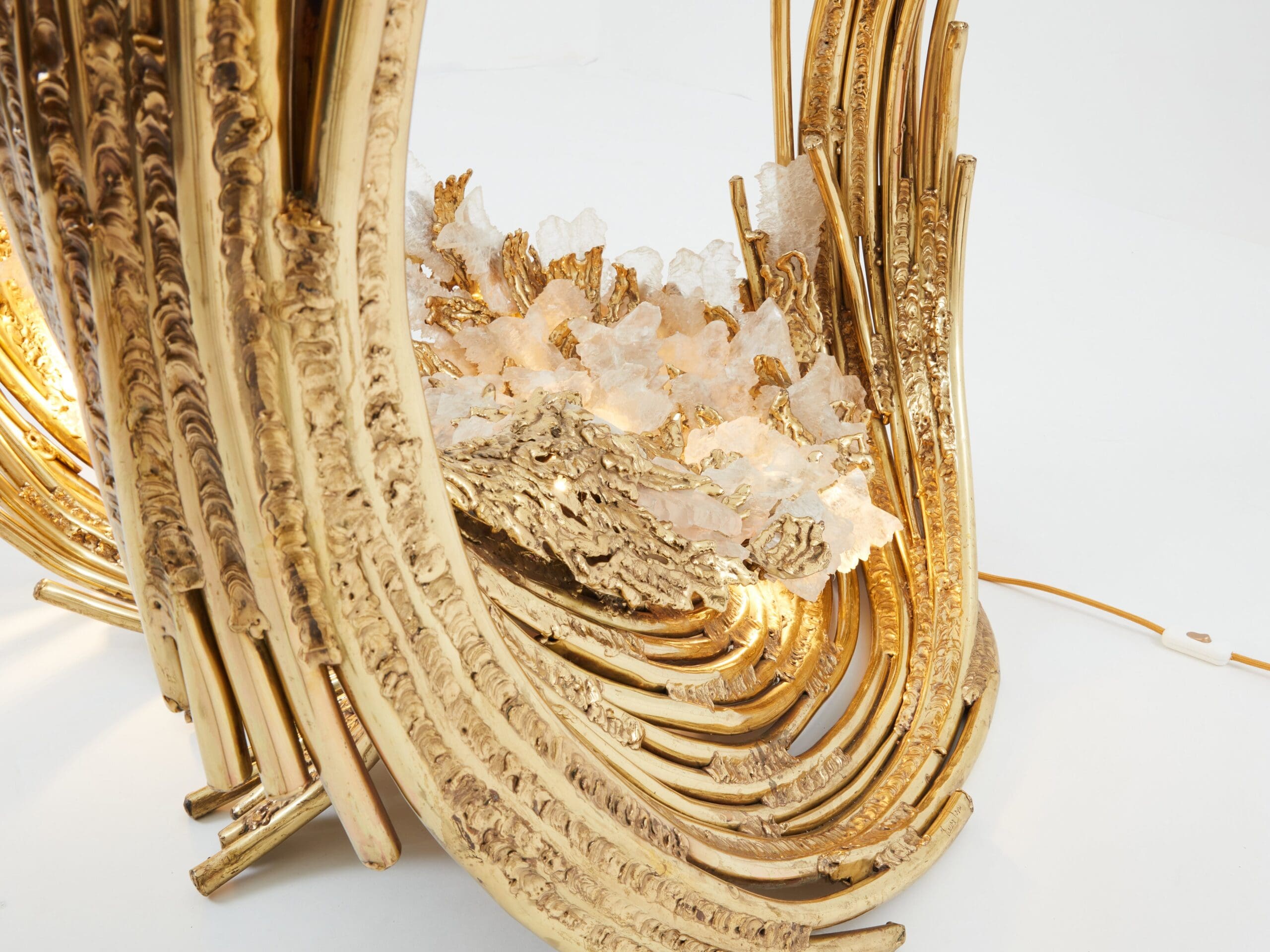 Table à Manger en Laiton et Cristal de Roche Signée Isabelle Faure, Années 1970