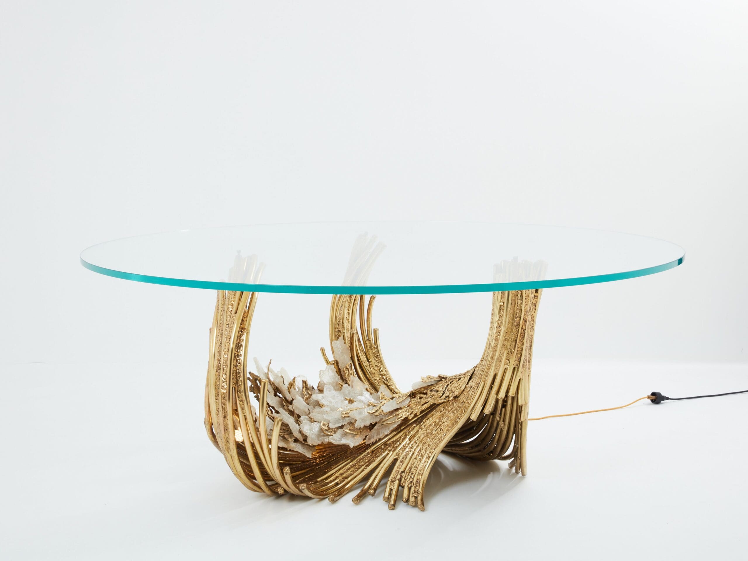 Table à Manger en Laiton et Cristal de Roche Signée Isabelle Faure, Années 1970