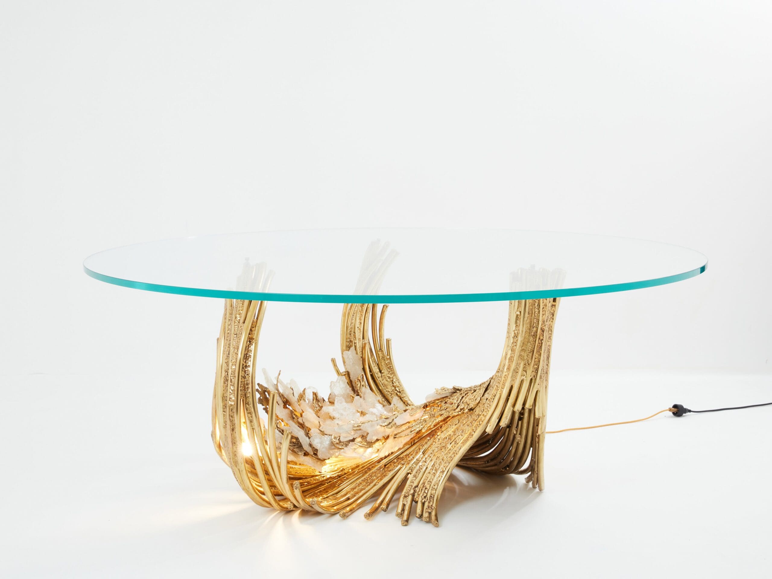 Table à Manger en Laiton et Cristal de Roche Signée Isabelle Faure, Années 1970