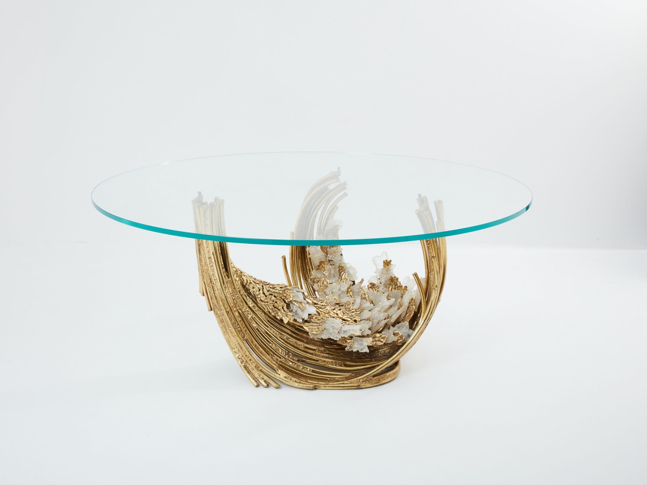 Table à Manger en Laiton et Cristal de Roche Signée Isabelle Faure, Années 1970