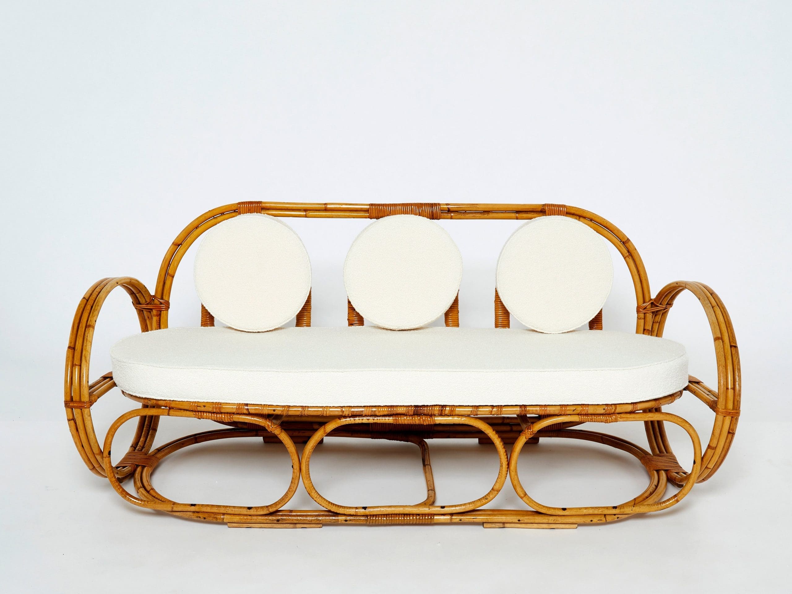 Sofa en Bambou Italien avec Tissu Bouclé Français, Années 1960