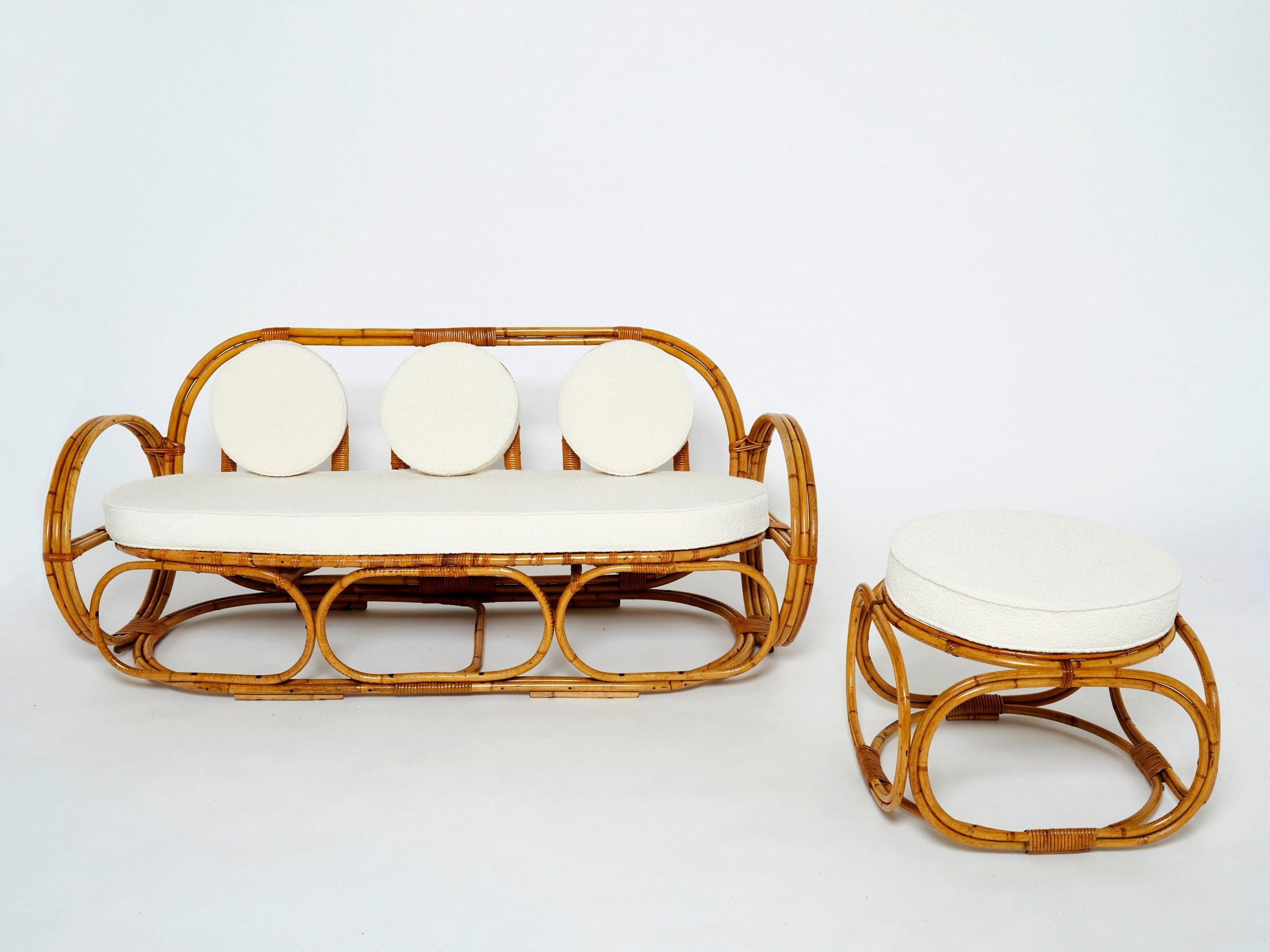 Sofa en Bambou Italien avec Tissu Bouclé Français, Années 1960