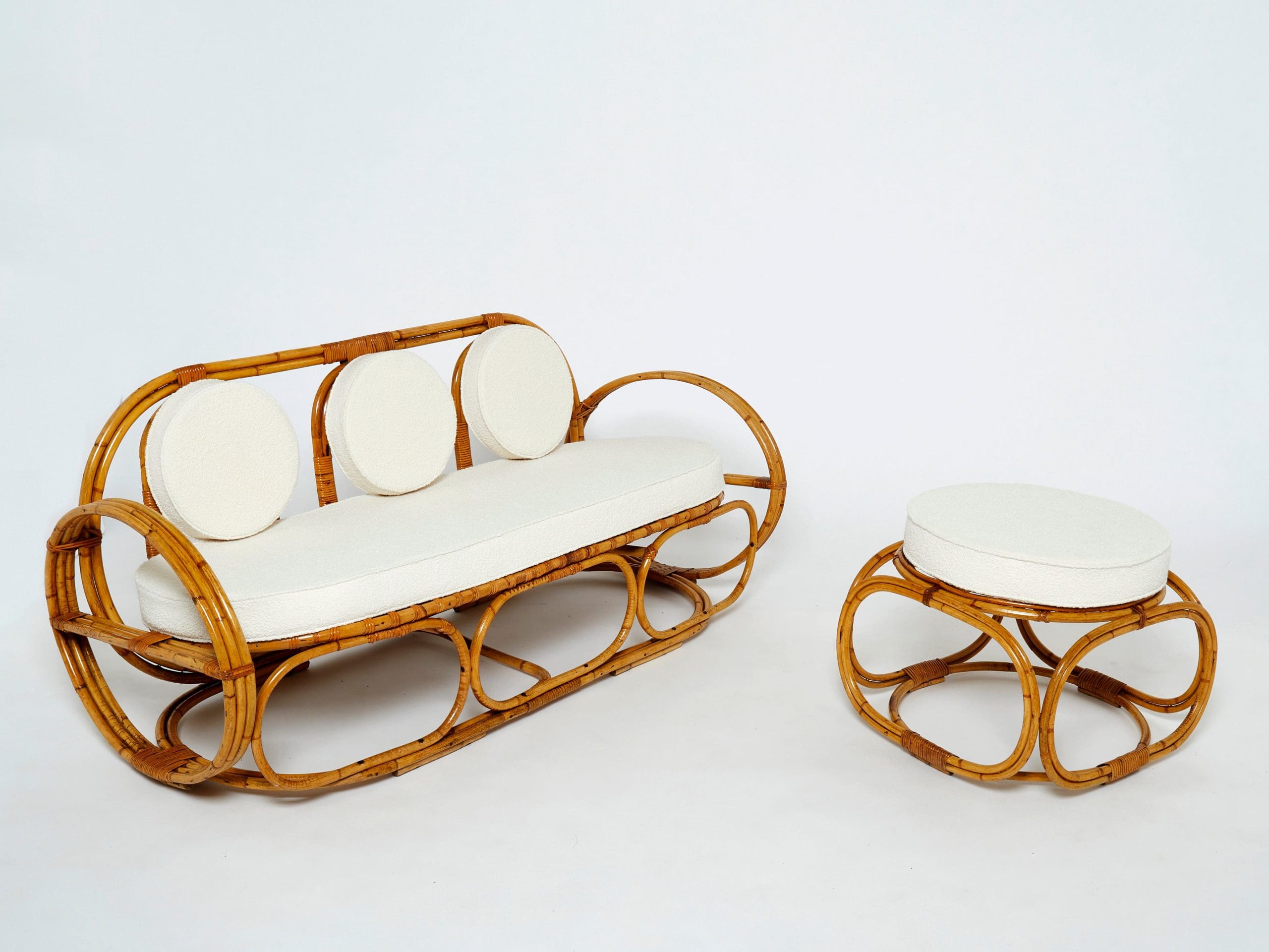 Sofa en Bambou Italien avec Tissu Bouclé Français, Années 1960