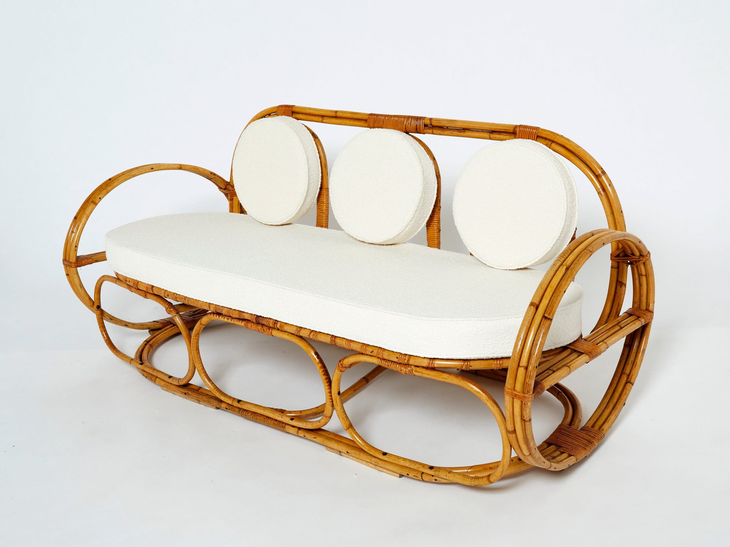 Sofa en Bambou Italien avec Tissu Bouclé Français, Années 1960
