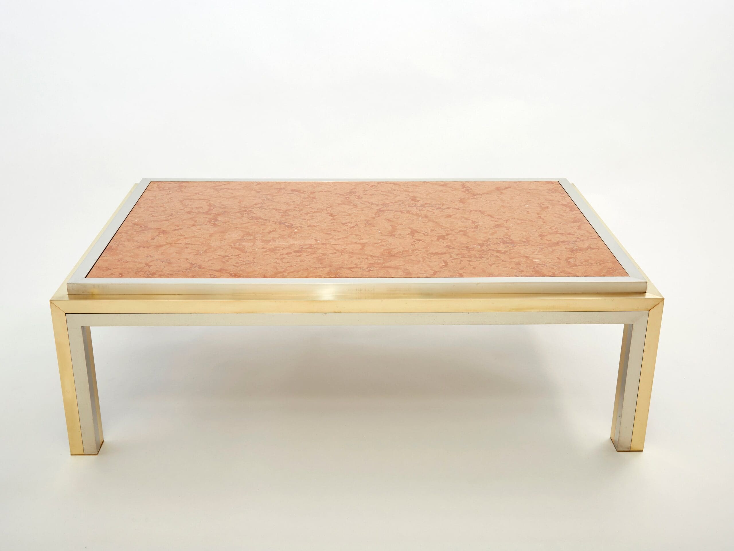 Table basse en laiton, chrome et marbre rouge par Romeo Rega, années 1970