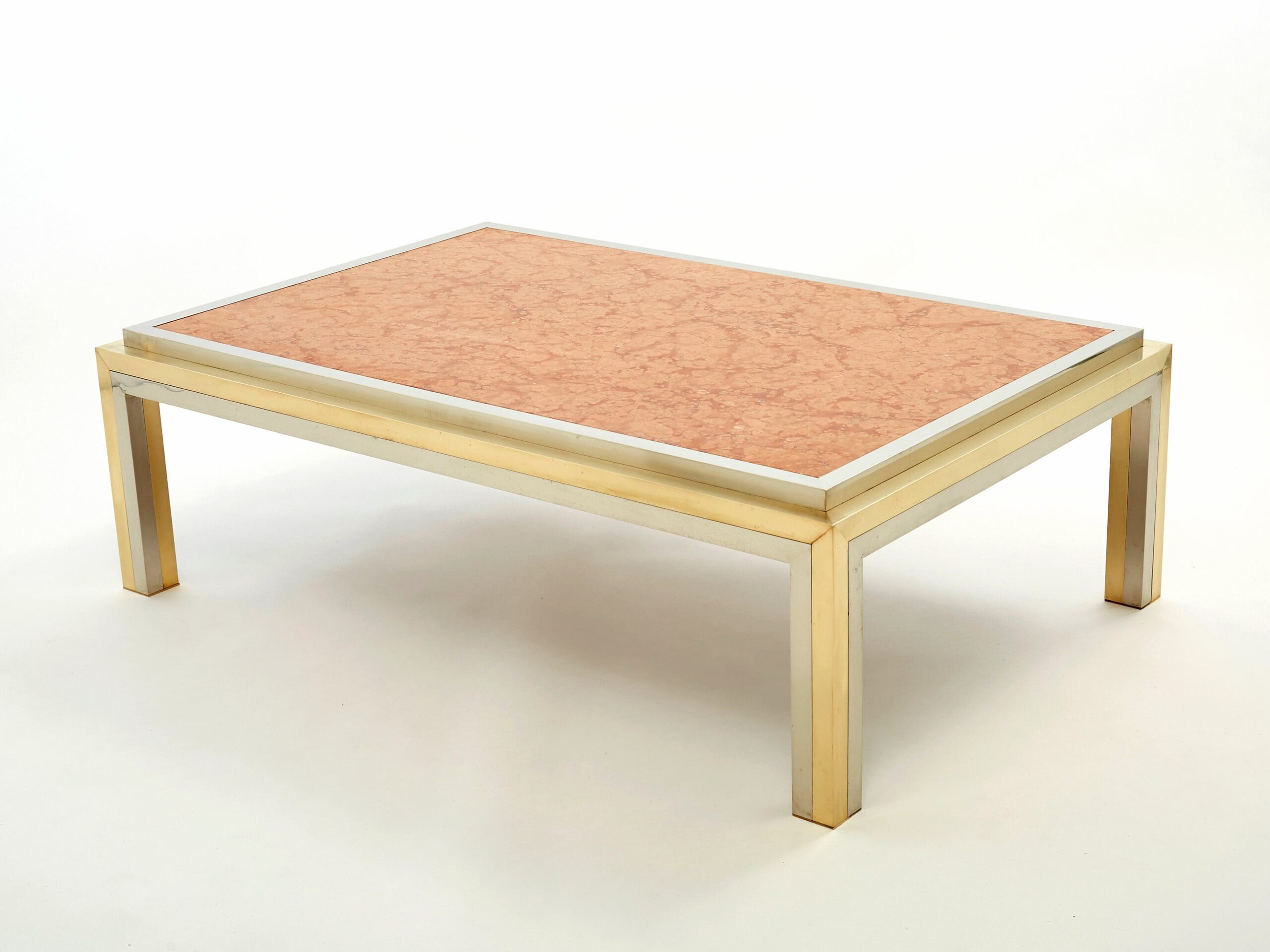 Table basse en laiton, chrome et marbre rouge par Romeo Rega, années 1970