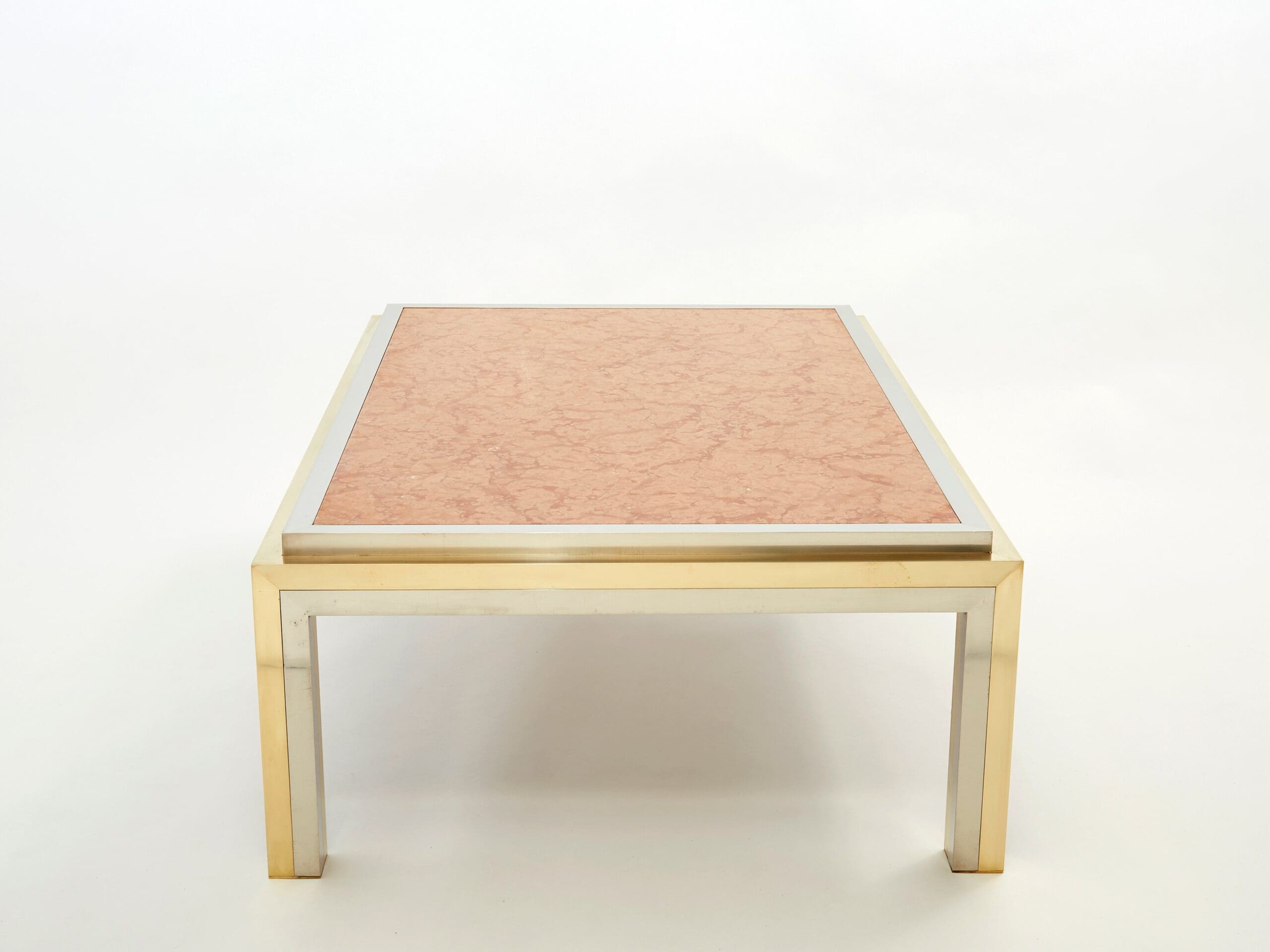 Table basse en laiton, chrome et marbre rouge par Romeo Rega, années 1970