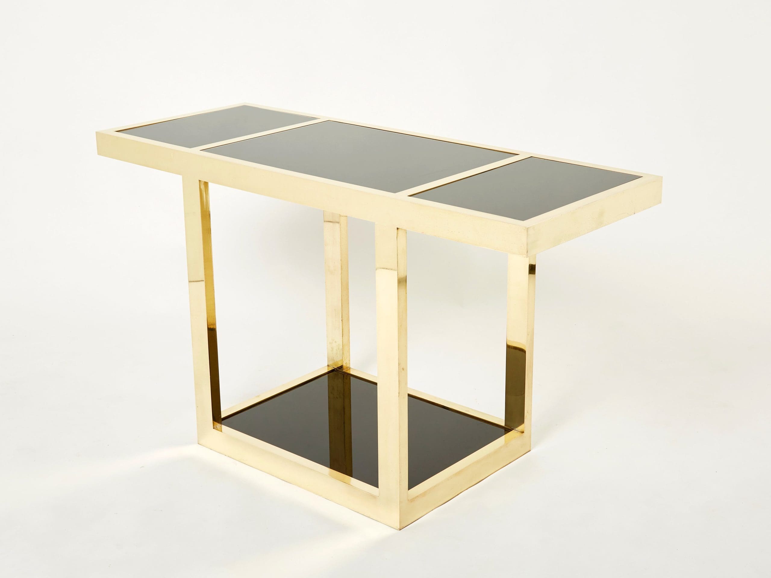 Console en Laiton et Opaline Noire de Style Milieu du Siècle Italien des Années 1970