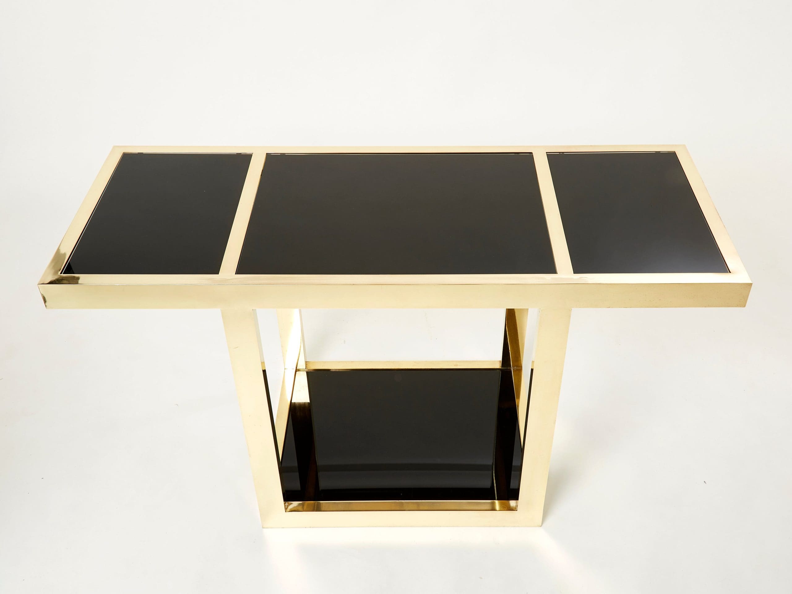 Console en Laiton et Opaline Noire de Style Milieu du Siècle Italien des Années 1970