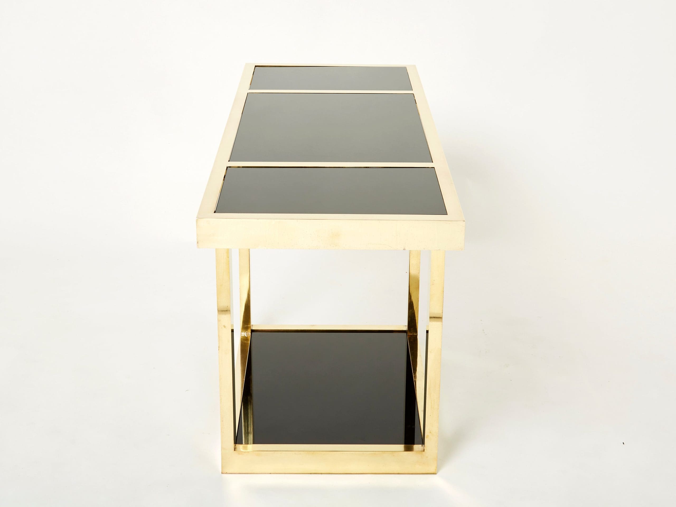 Console en Laiton et Opaline Noire de Style Milieu du Siècle Italien des Années 1970
