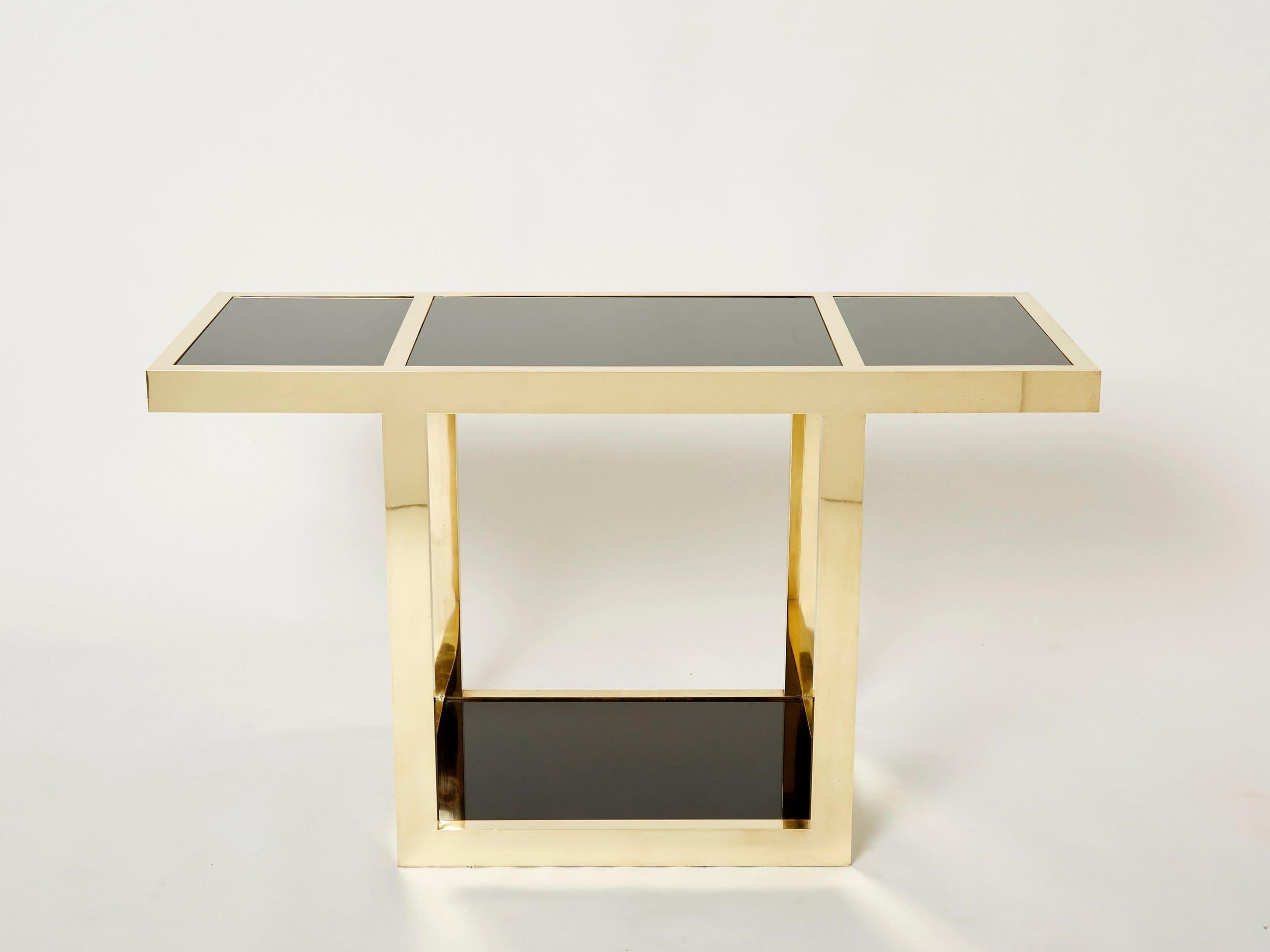 Console en Laiton et Opaline Noire de Style Milieu du Siècle Italien des Années 1970