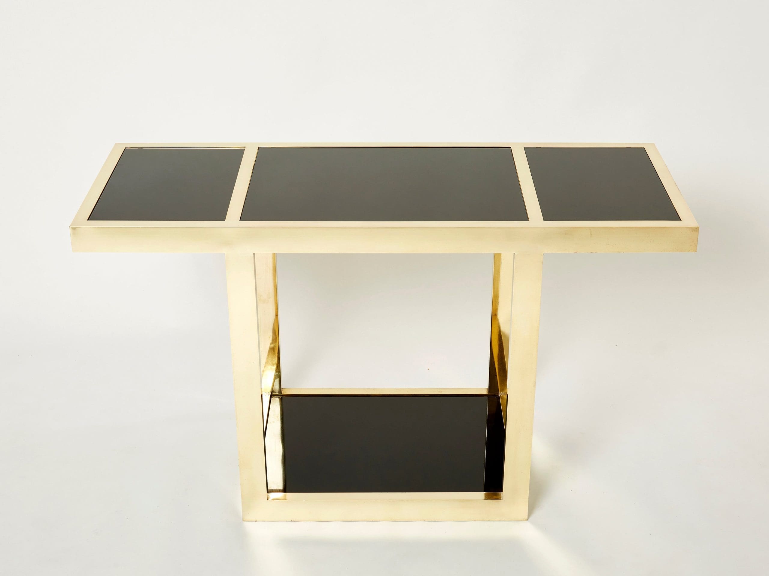 Console en Laiton et Opaline Noire de Style Milieu du Siècle Italien des Années 1970