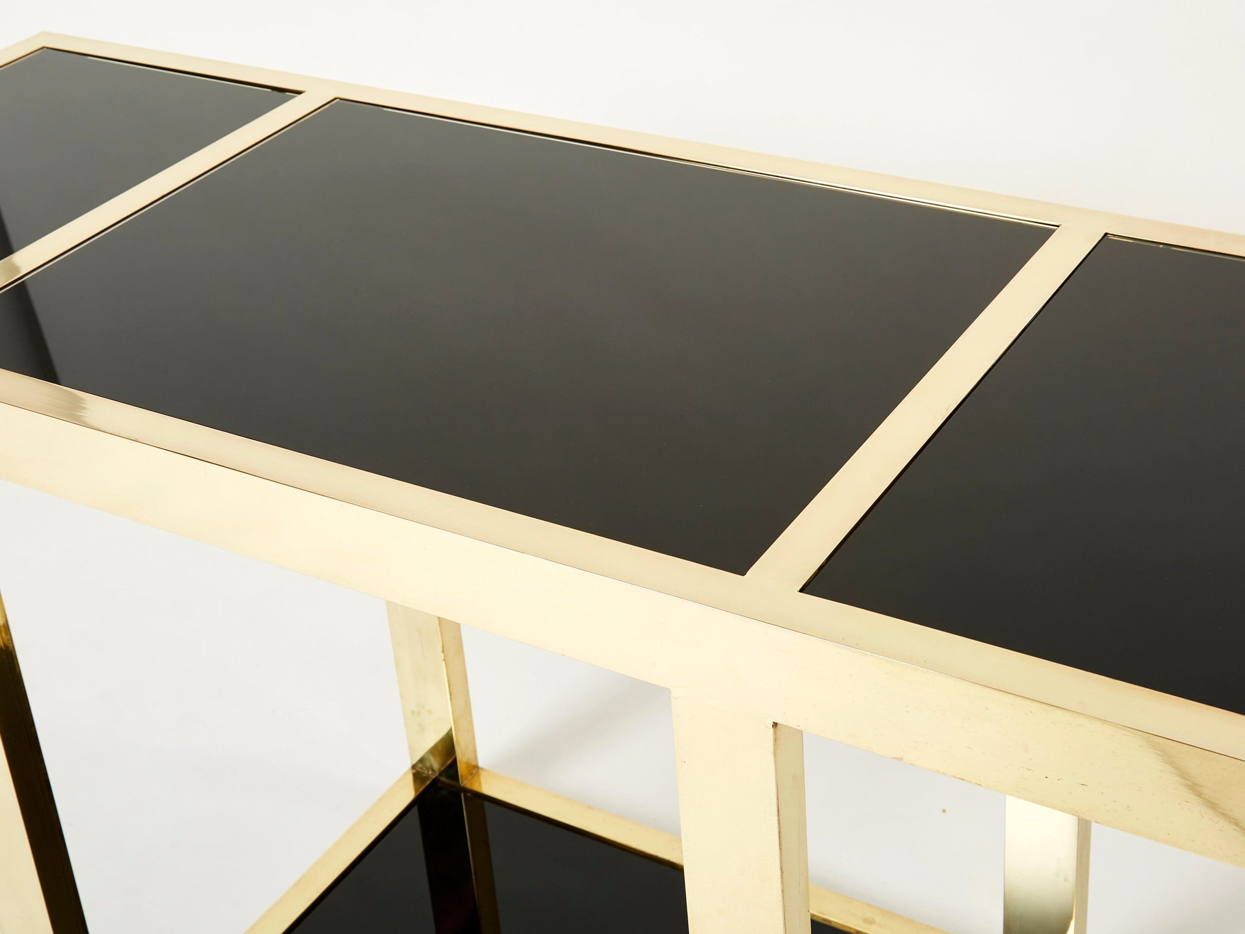 Console en Laiton et Opaline Noire de Style Milieu du Siècle Italien des Années 1970