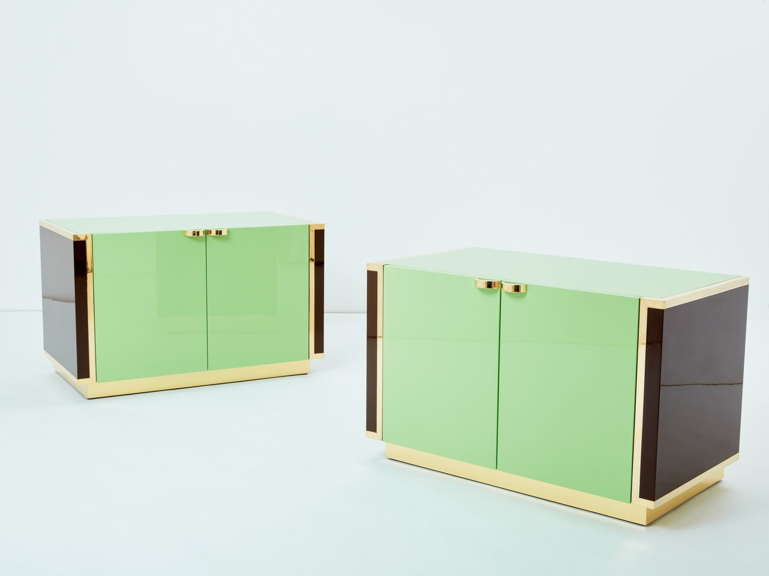 J.C. Mahey pair of small green lacquer and brass cabinets 1970s