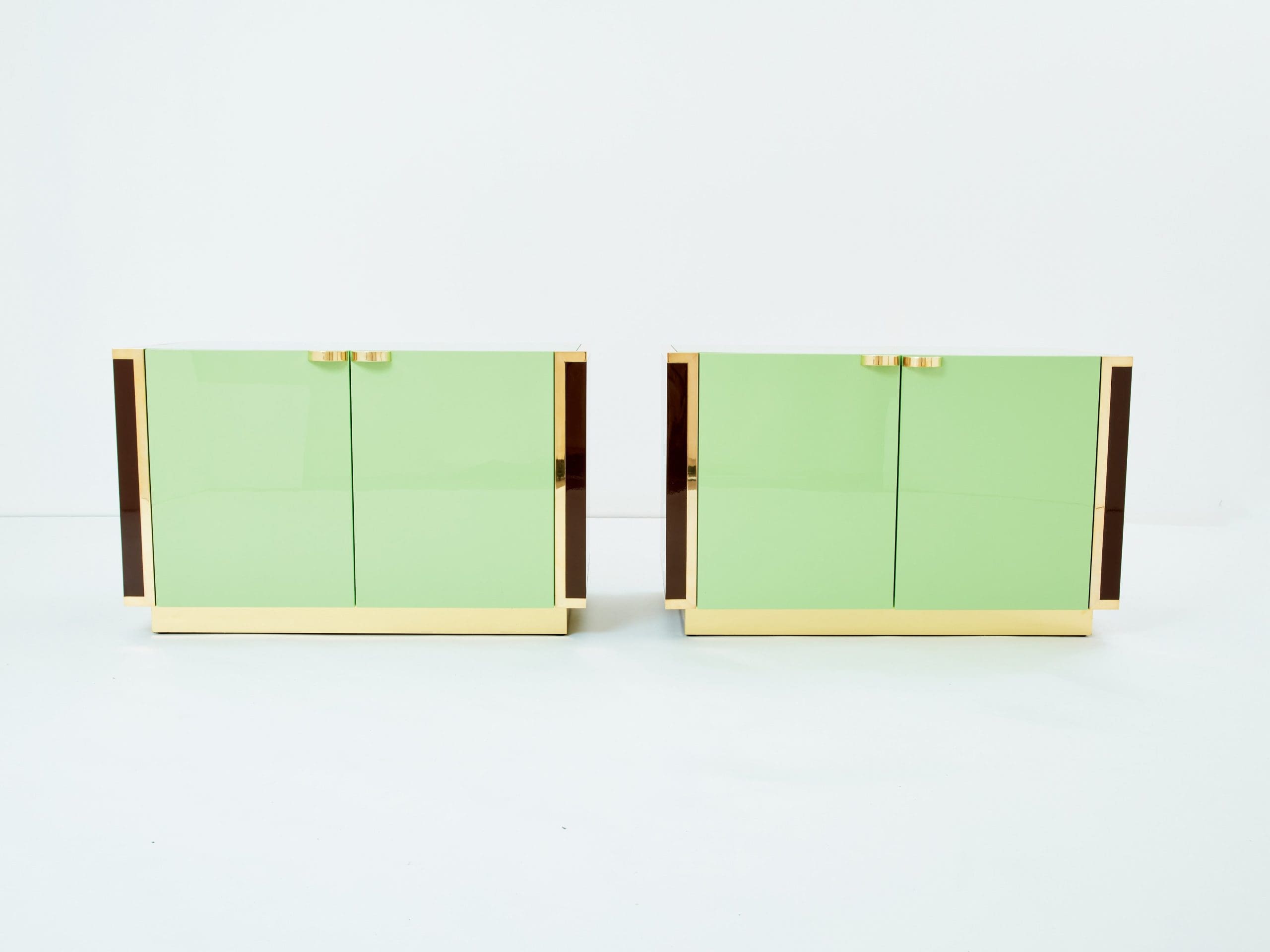 J.C. Mahey pair of small green lacquer and brass cabinets 1970s