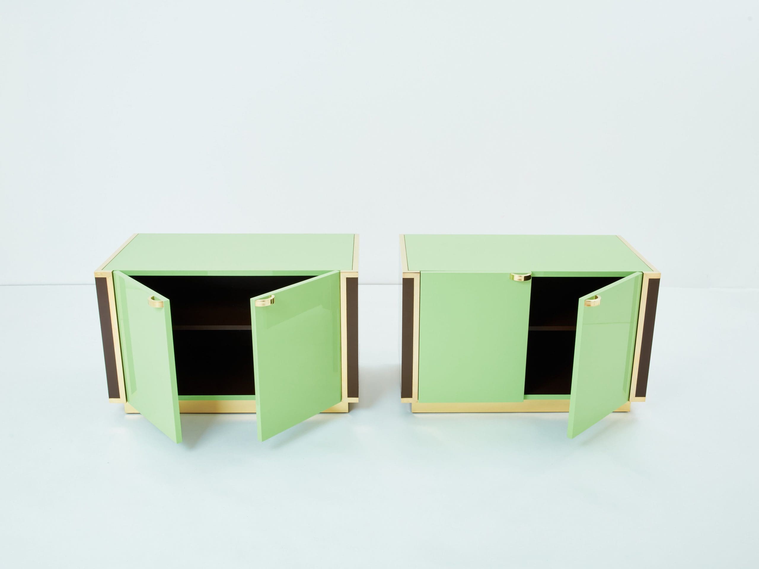 J.C. Mahey pair of small green lacquer and brass cabinets 1970s