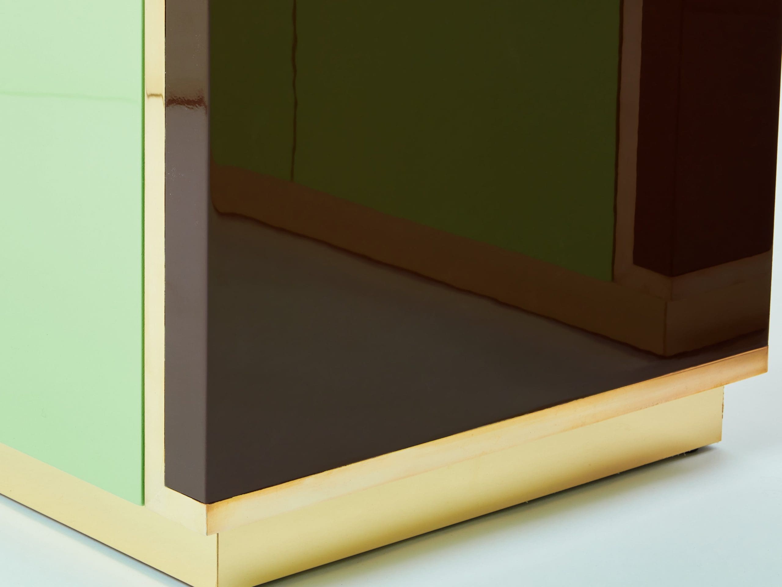 J.C. Mahey pair of small green lacquer and brass cabinets 1970s
