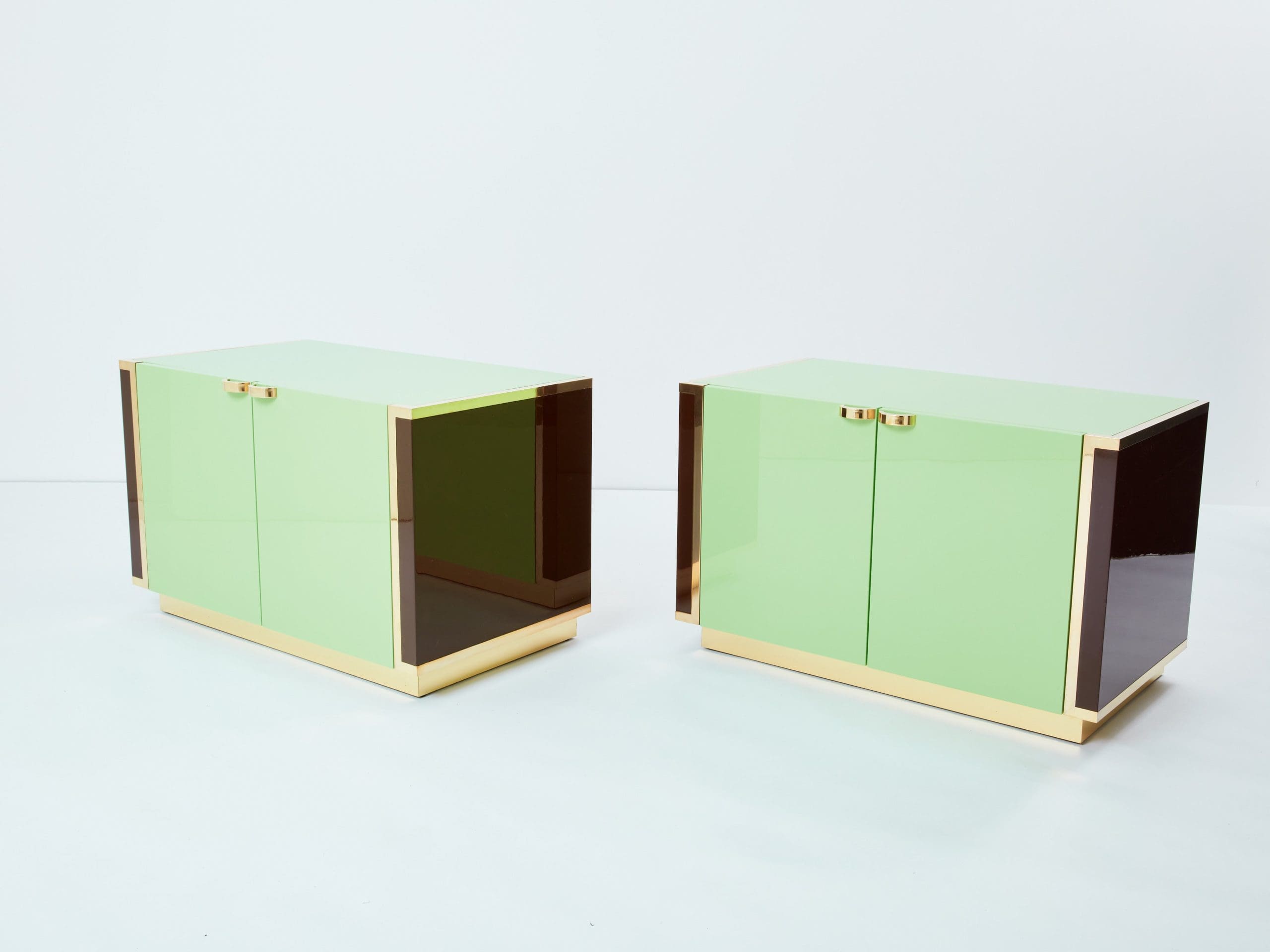 J.C. Mahey pair of small green lacquer and brass cabinets 1970s
