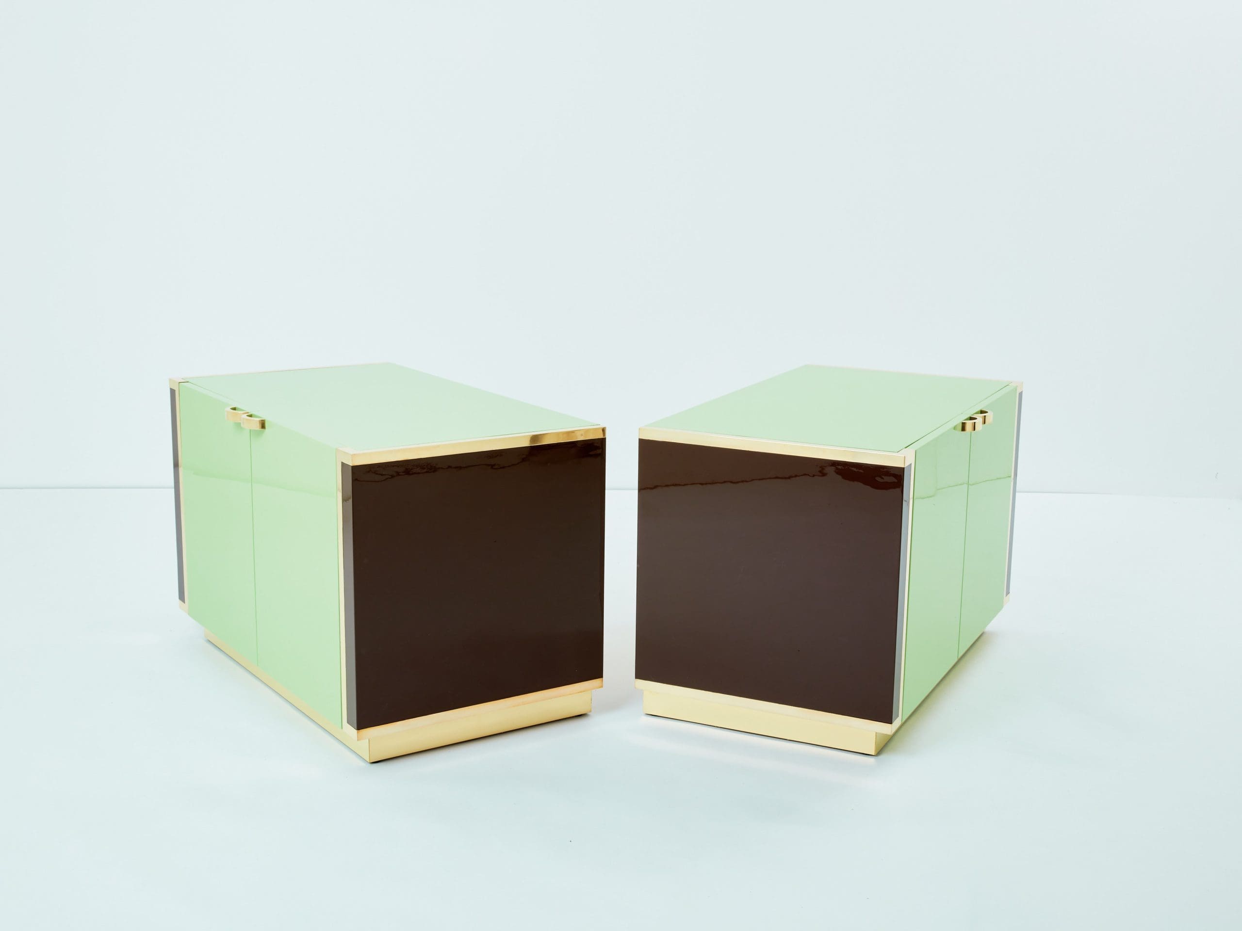 J.C. Mahey pair of small green lacquer and brass cabinets 1970s