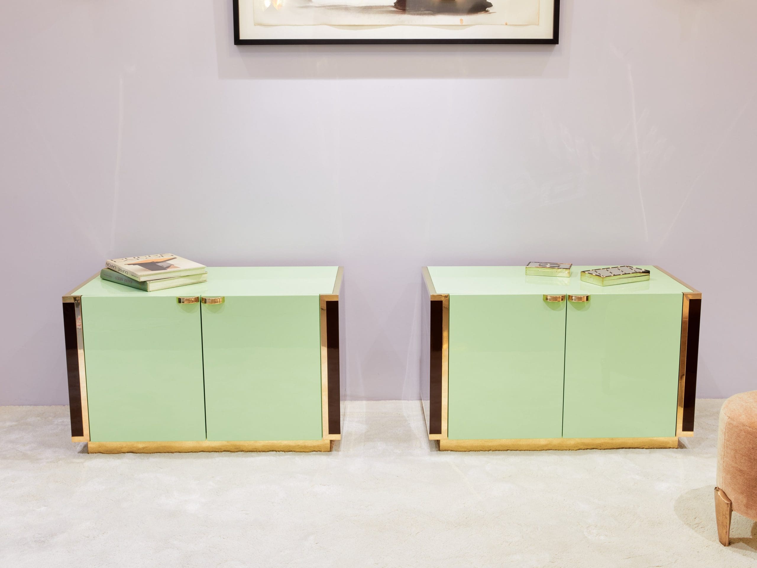 J.C. Mahey pair of small green lacquer and brass cabinets 1970s