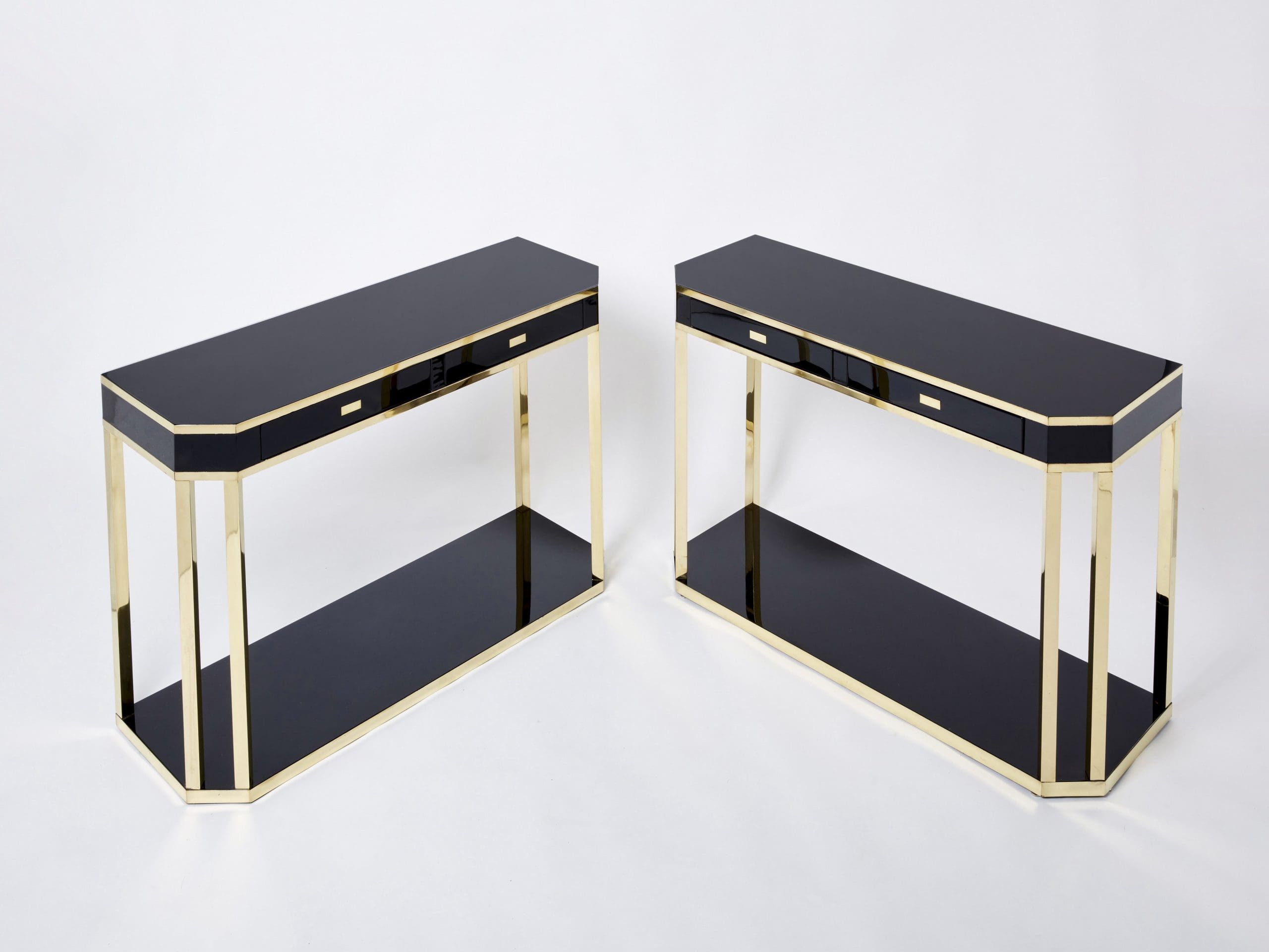 Console en Laiton et Laque Noire par J.C. Mahey, 1970s