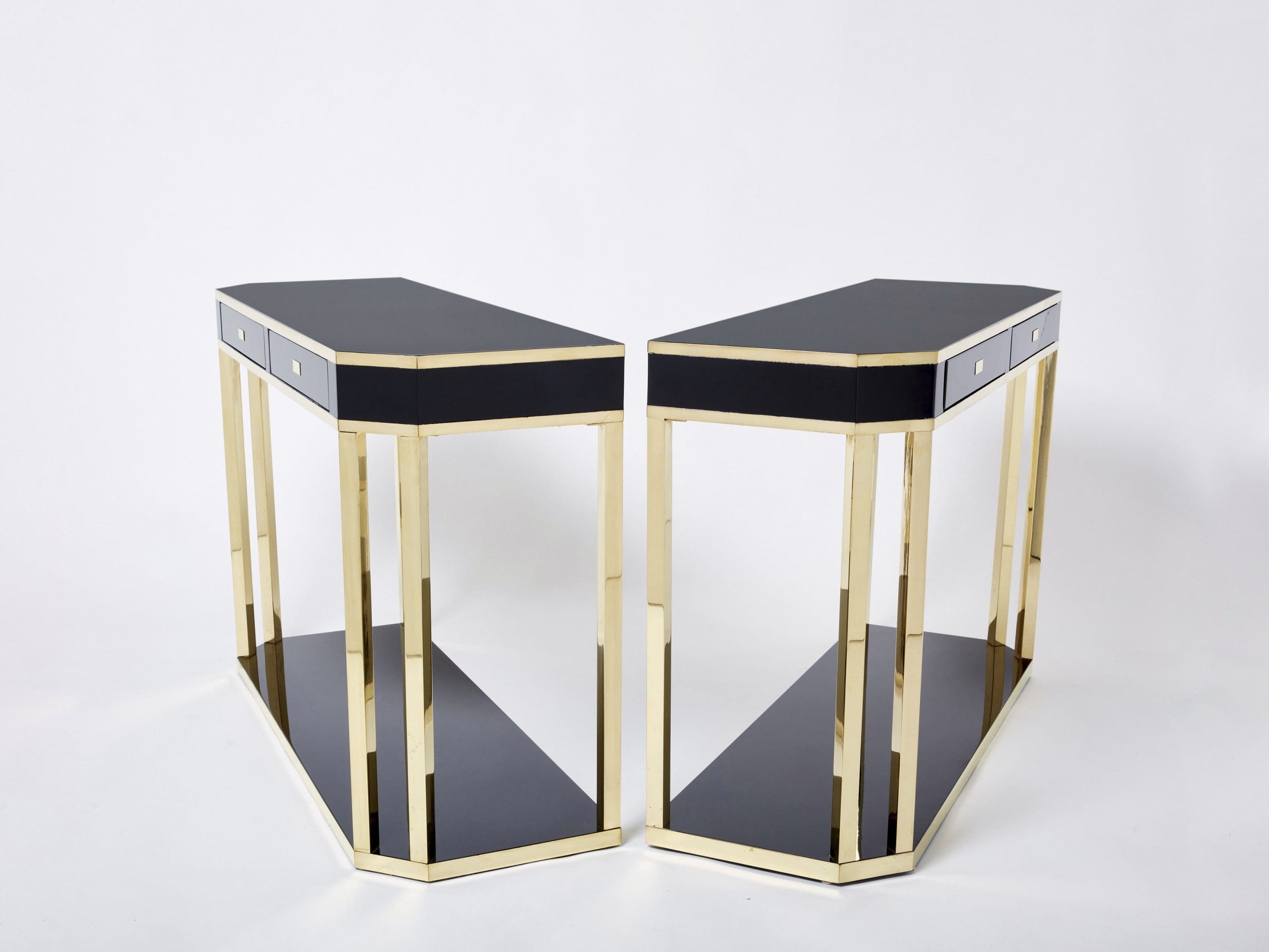 Console en Laiton et Laque Noire par J.C. Mahey, 1970s
