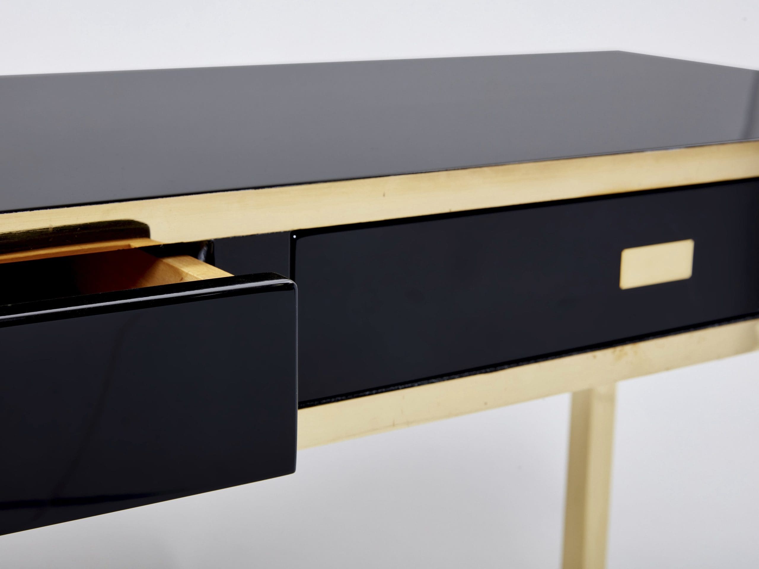 Console en Laiton et Laque Noire par J.C. Mahey, 1970s
