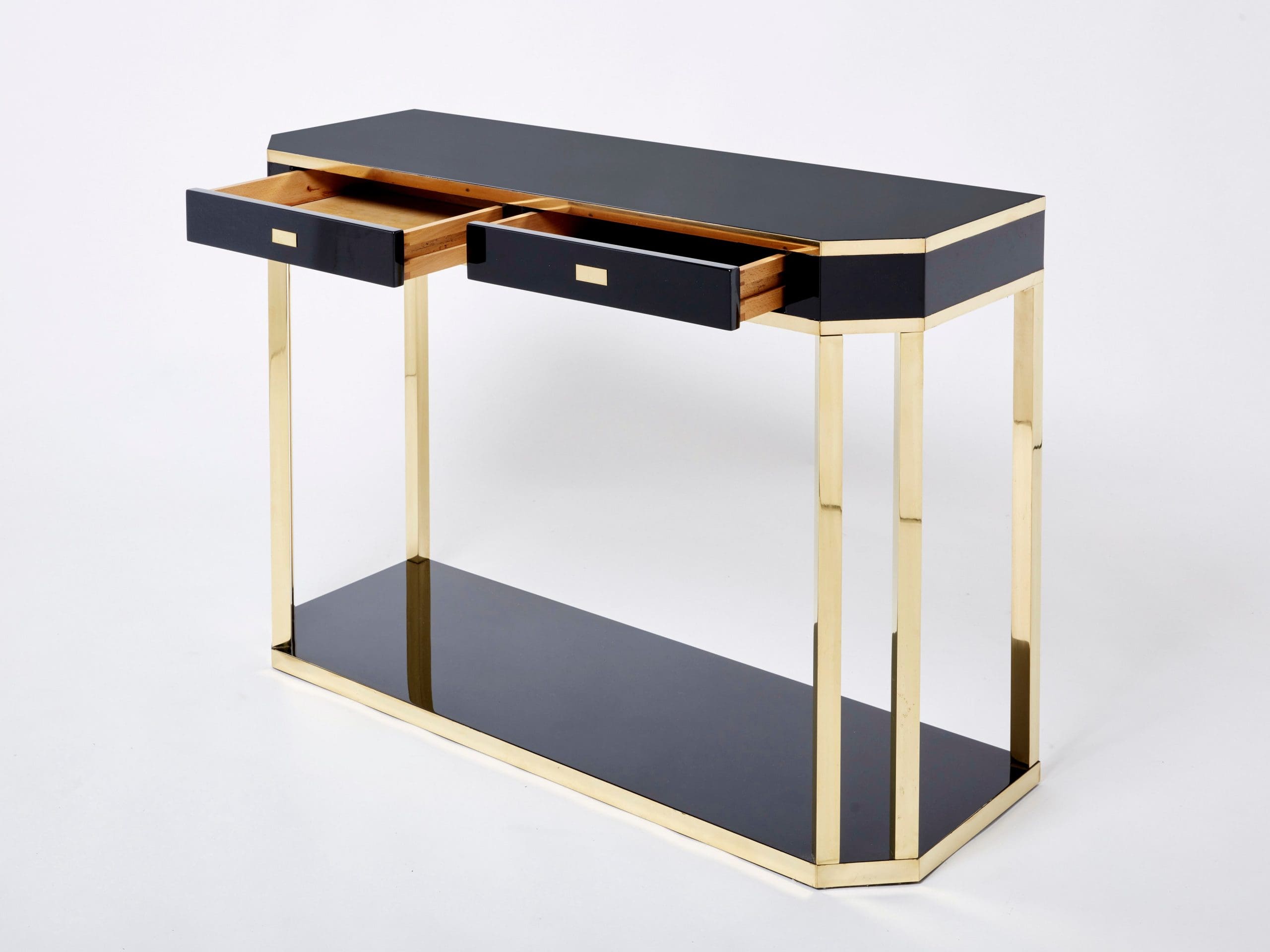 Console en Laiton et Laque Noire par J.C. Mahey, 1970s