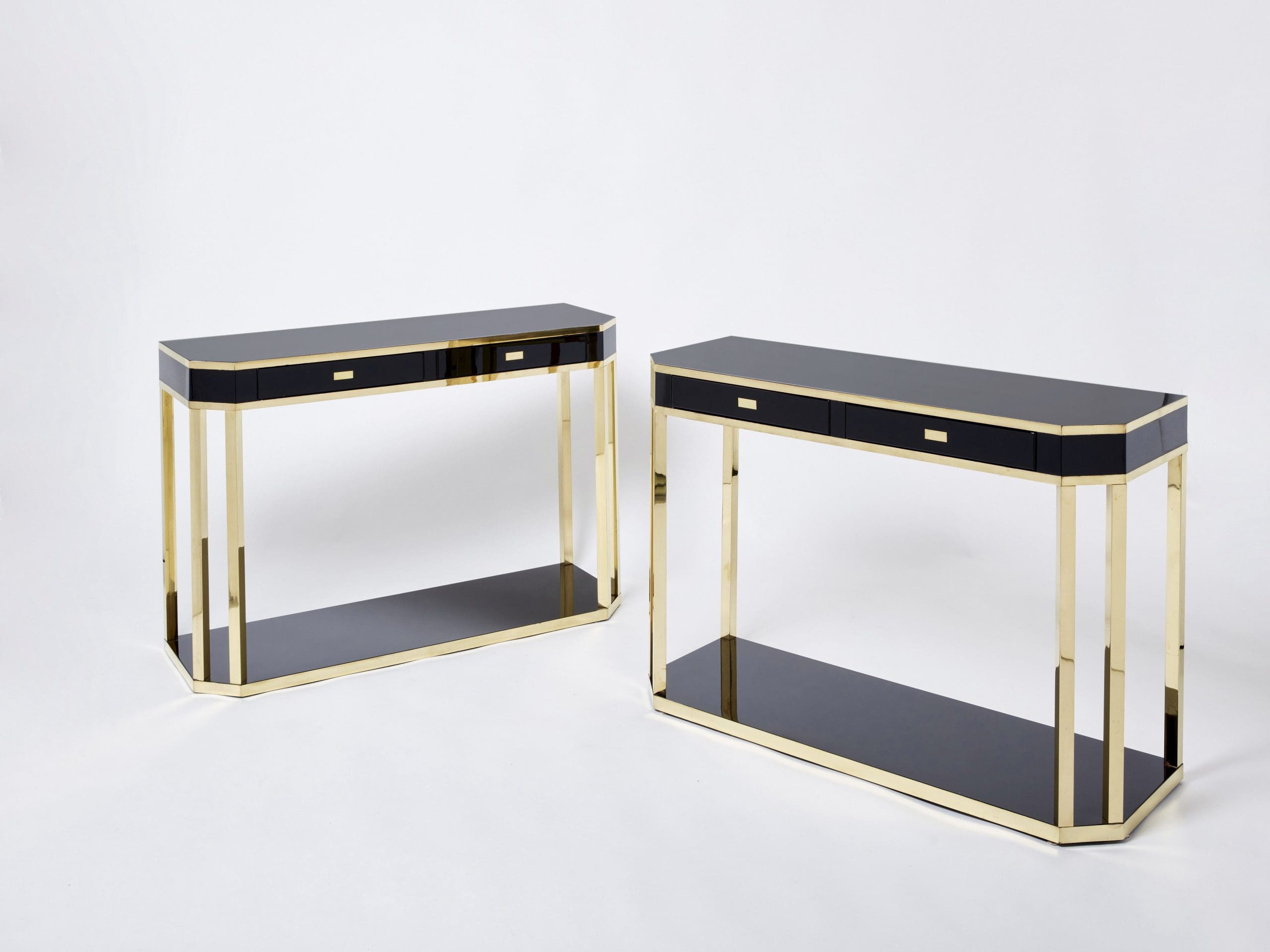 Console en Laiton et Laque Noire par J.C. Mahey, 1970s