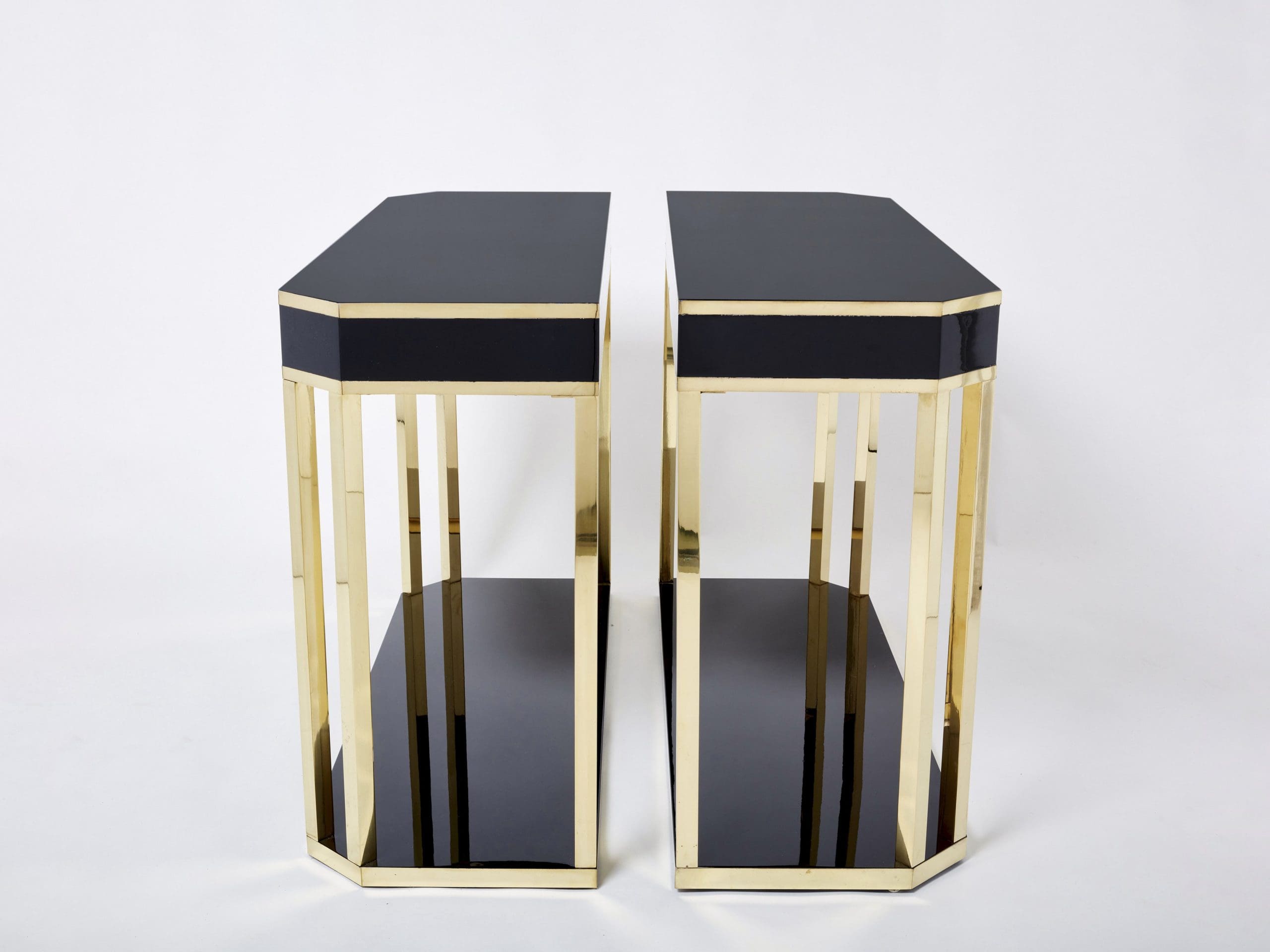 Console en Laiton et Laque Noire par J.C. Mahey, 1970s