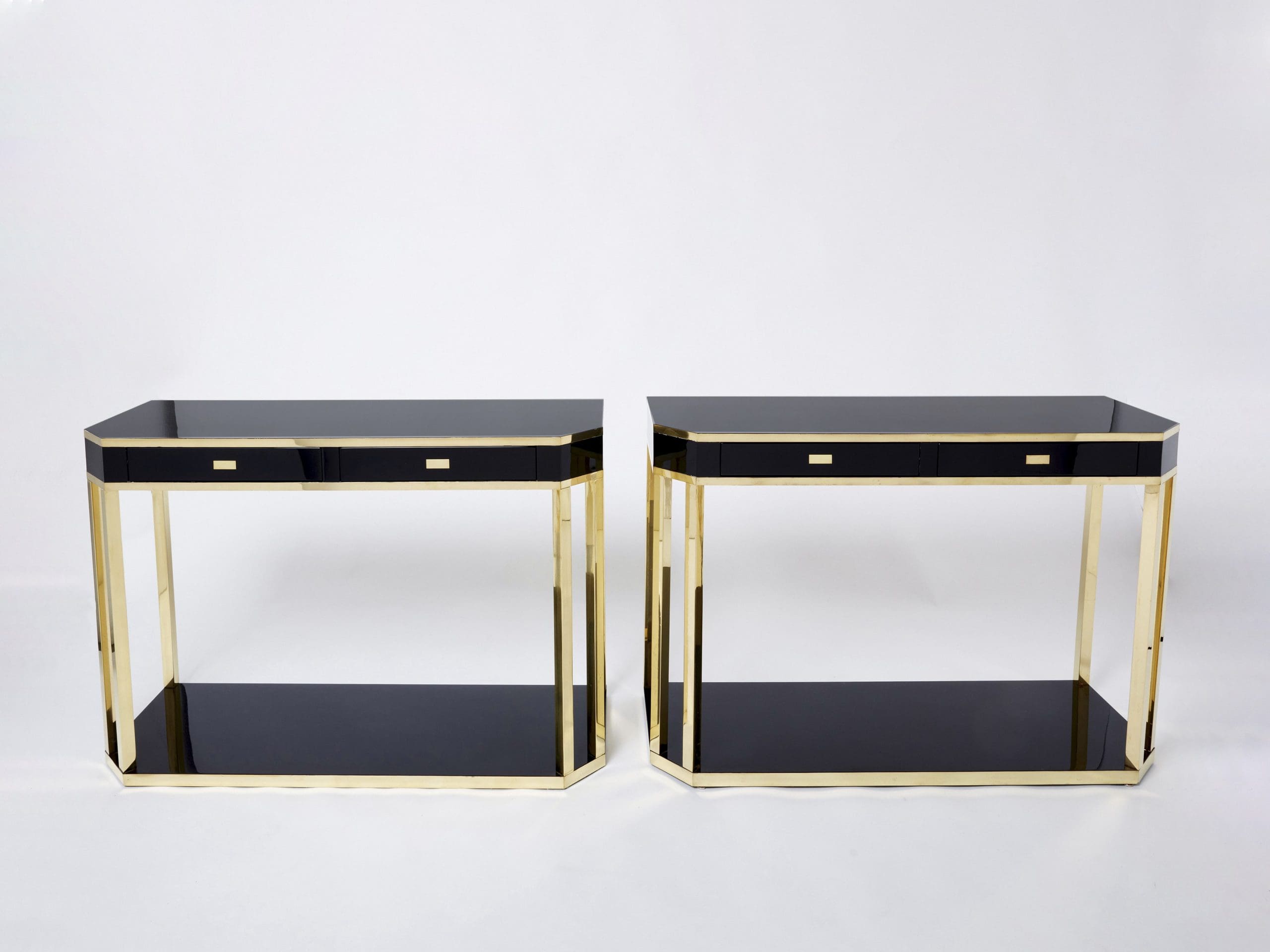 Console en Laiton et Laque Noire par J.C. Mahey, 1970s