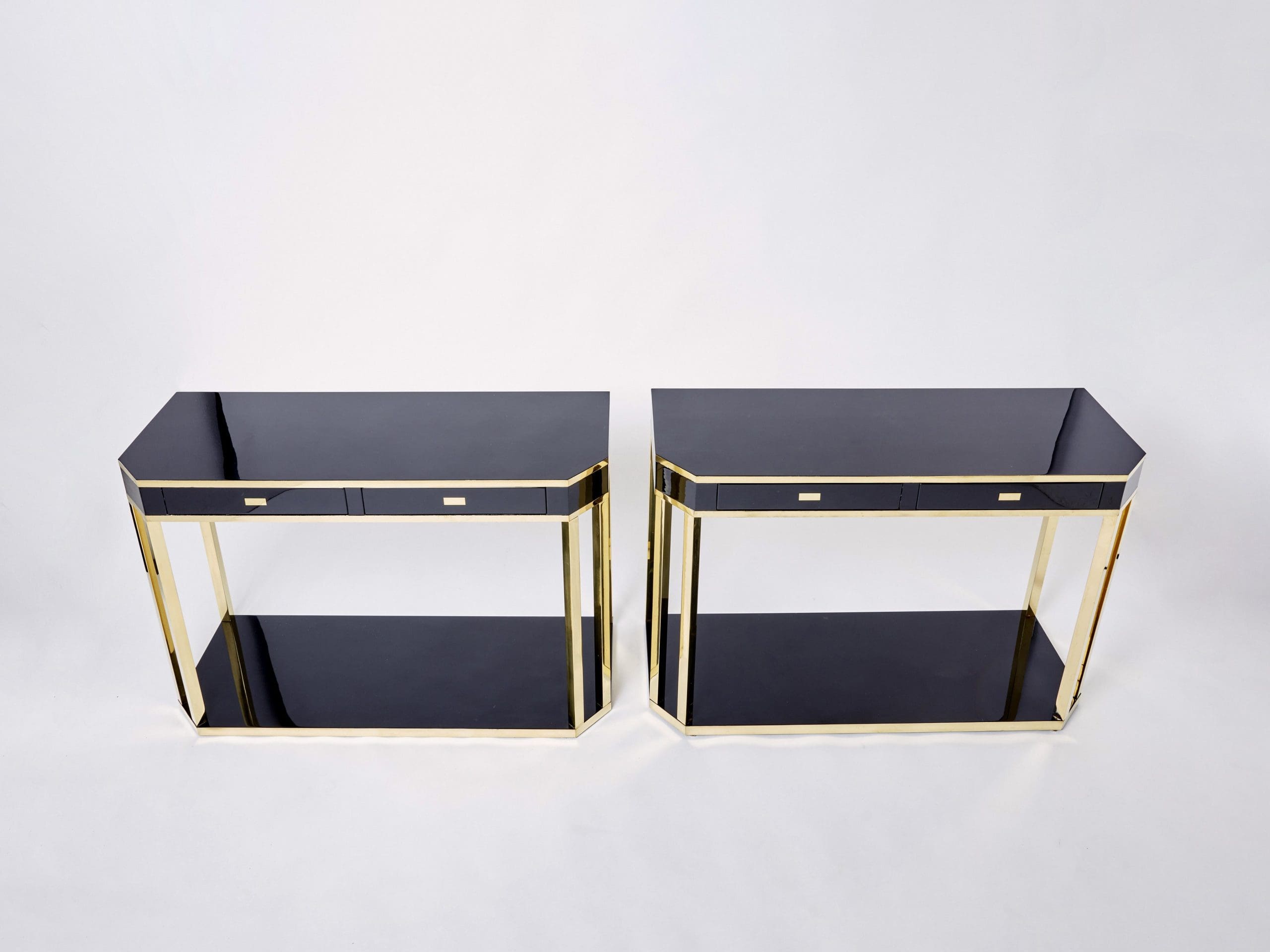 Console en Laiton et Laque Noire par J.C. Mahey, 1970s