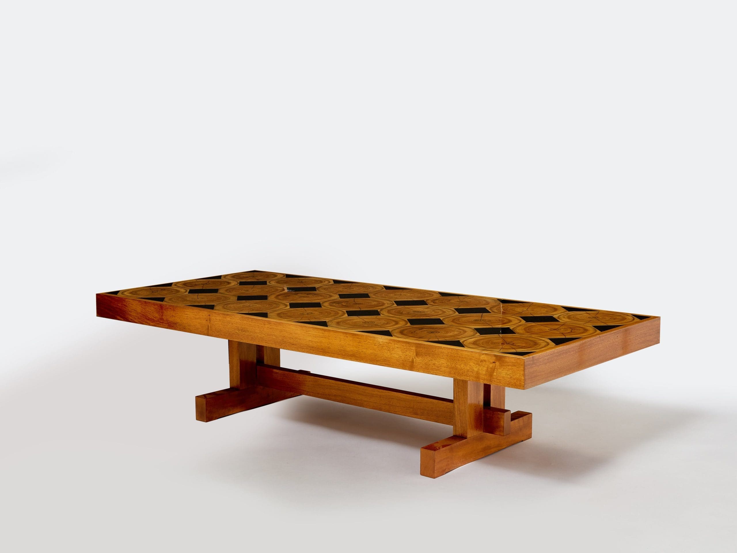 Table basse française en chêne, bois pétrifié et ardoise, années 1960