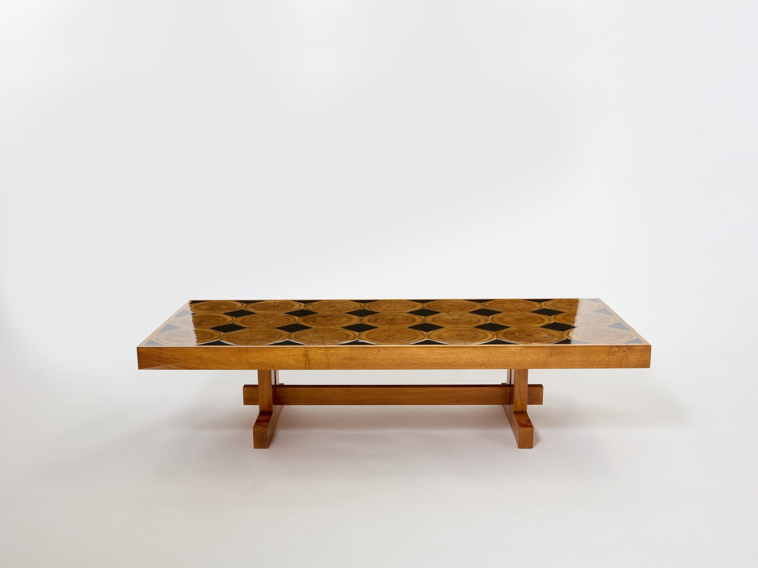 Table basse française en chêne, bois pétrifié et ardoise, années 1960
