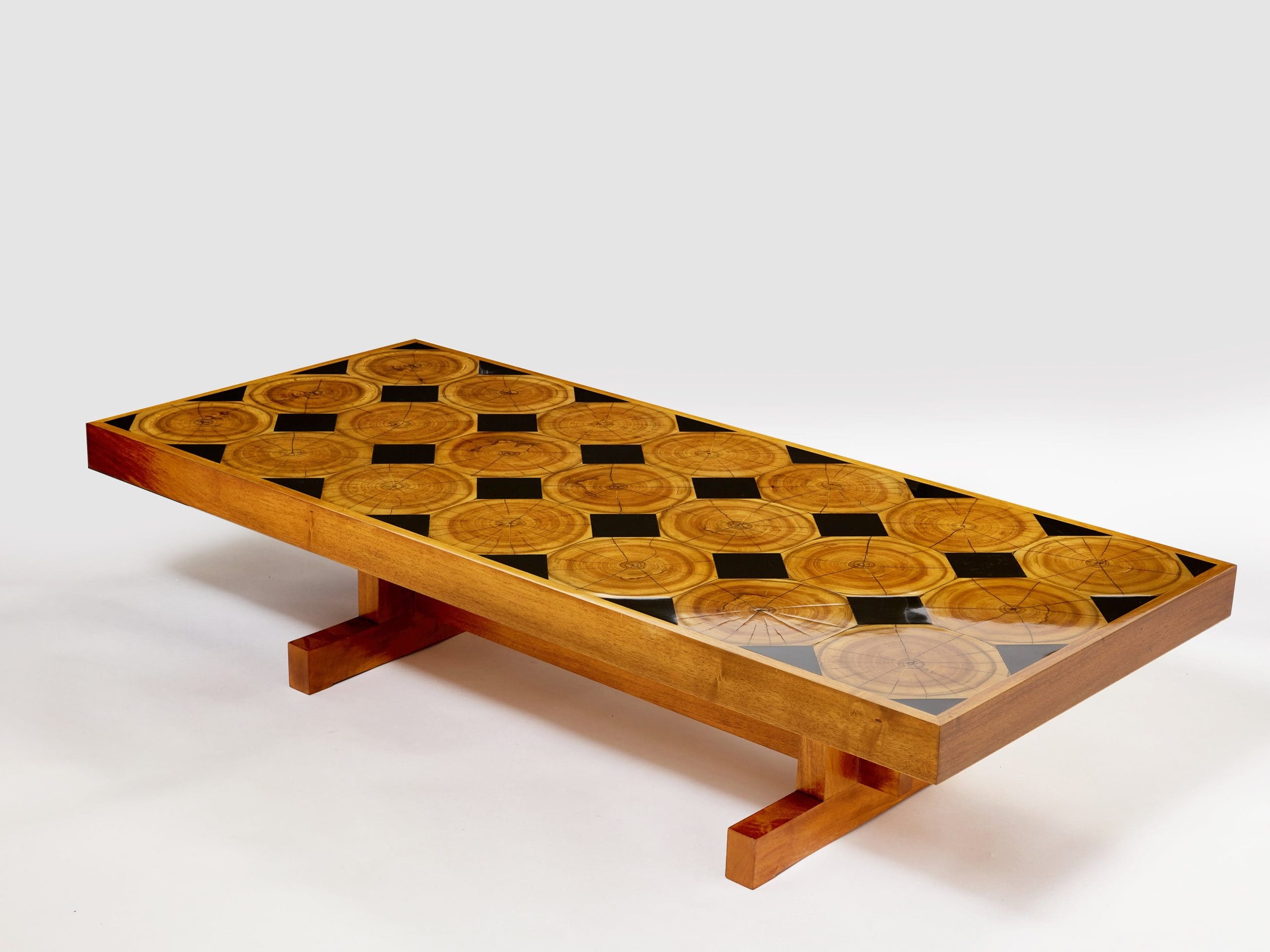 Table basse française en chêne, bois pétrifié et ardoise, années 1960