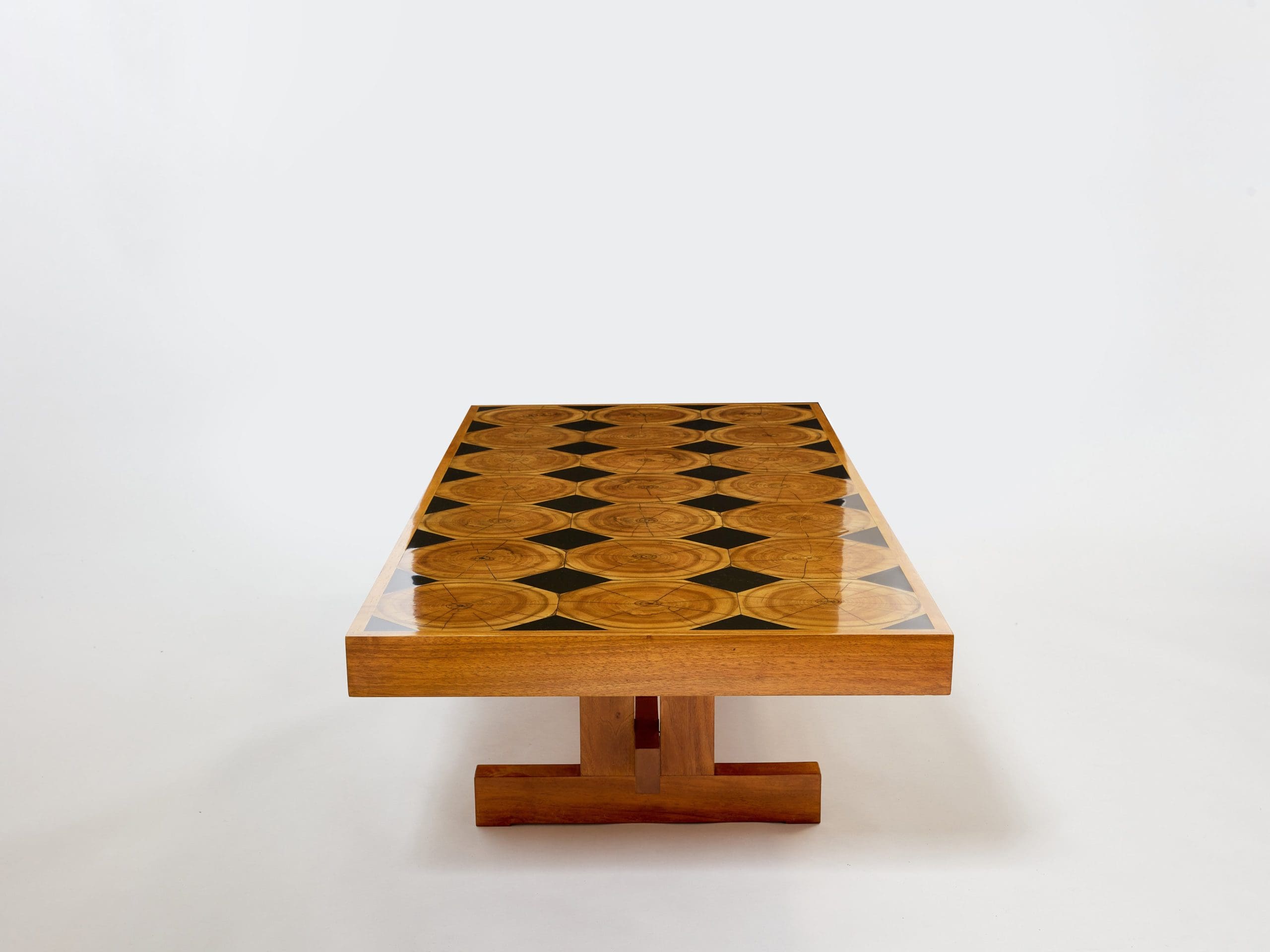 Table basse française en chêne, bois pétrifié et ardoise, années 1960