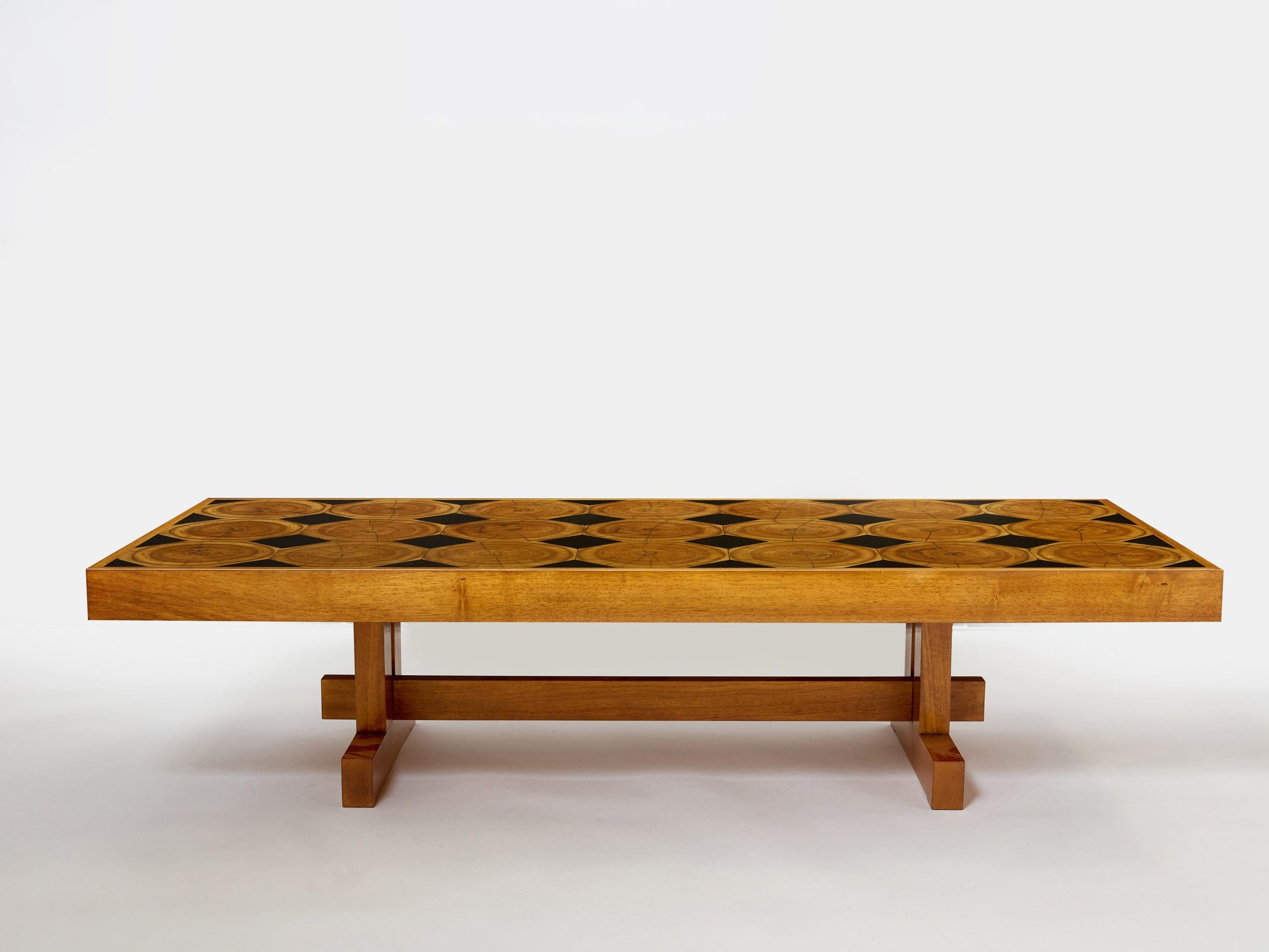 Table basse française en chêne, bois pétrifié et ardoise, années 1960