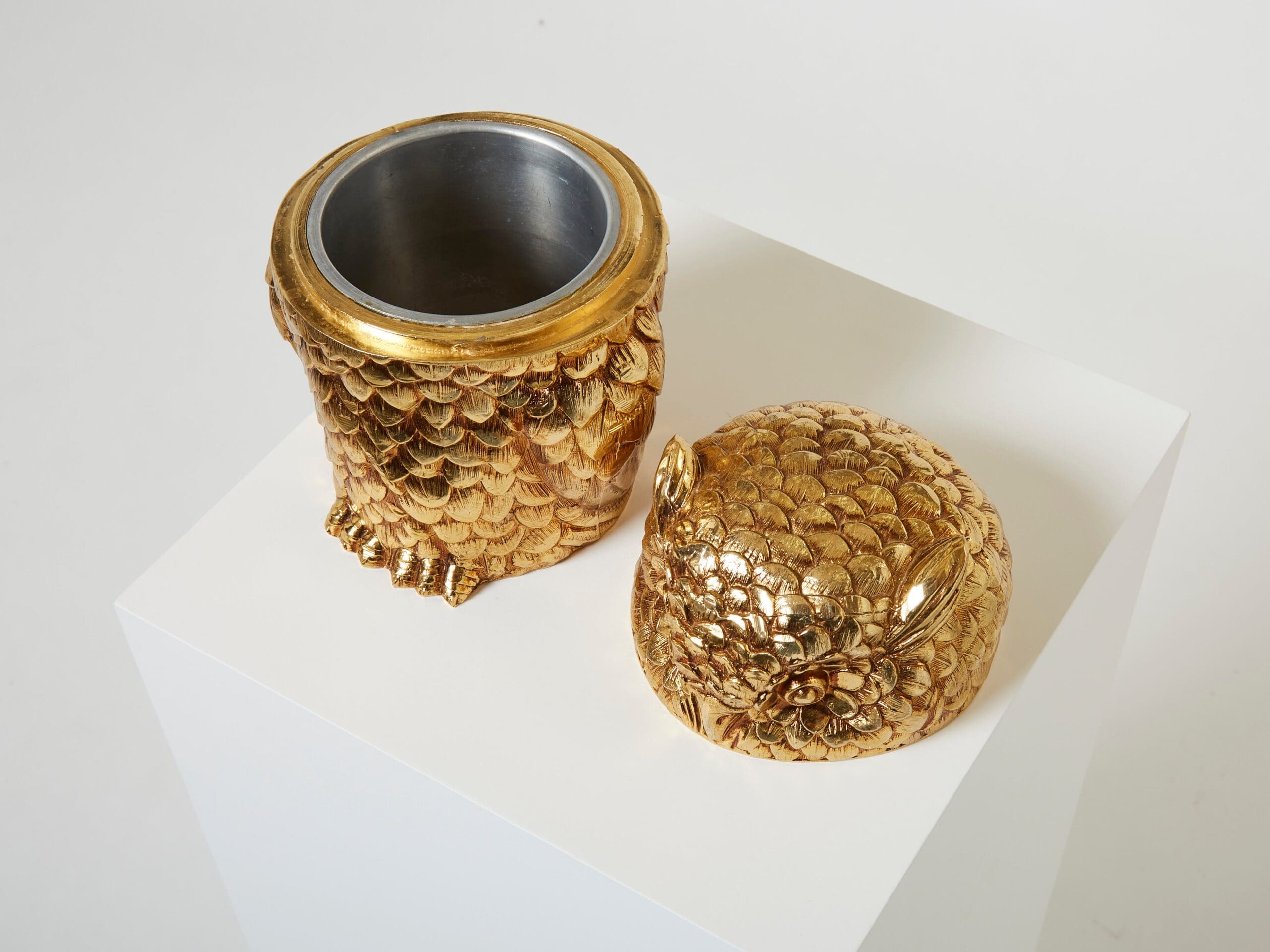 Mauro Manetti owl Ice Bucket gilt plated Italy from 1960