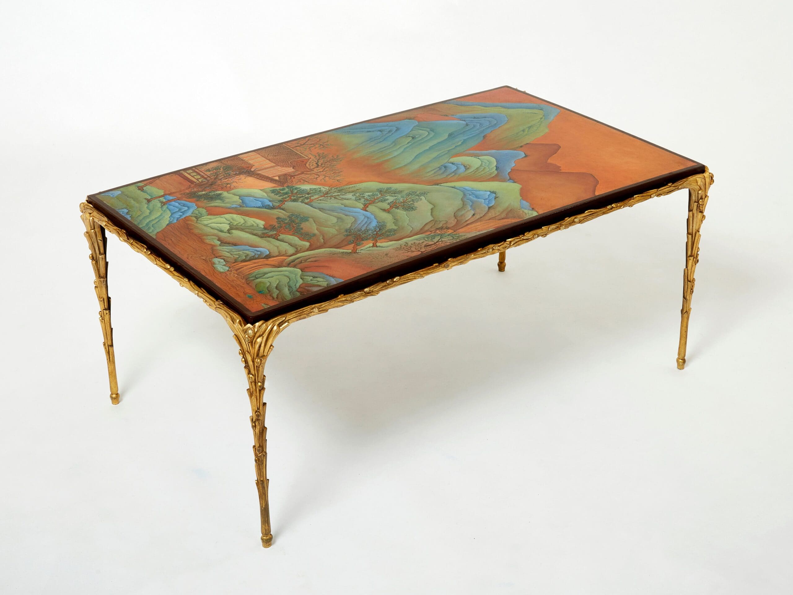 Table Basse en Bronze Bambou avec Dessus Laqué Chinois par Maison Baguès des Années 1960