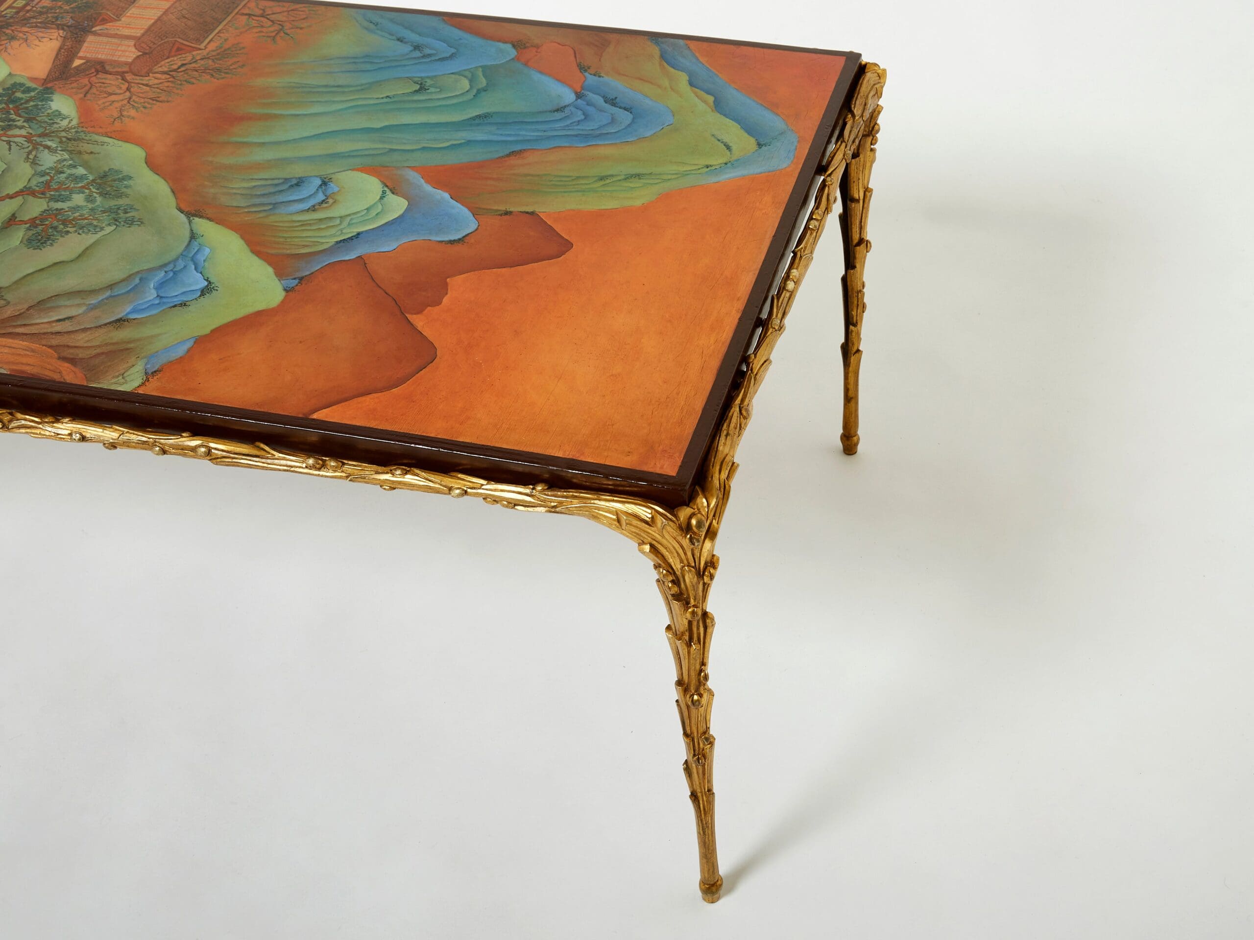 Table Basse en Bronze Bambou avec Dessus Laqué Chinois par Maison Baguès des Années 1960