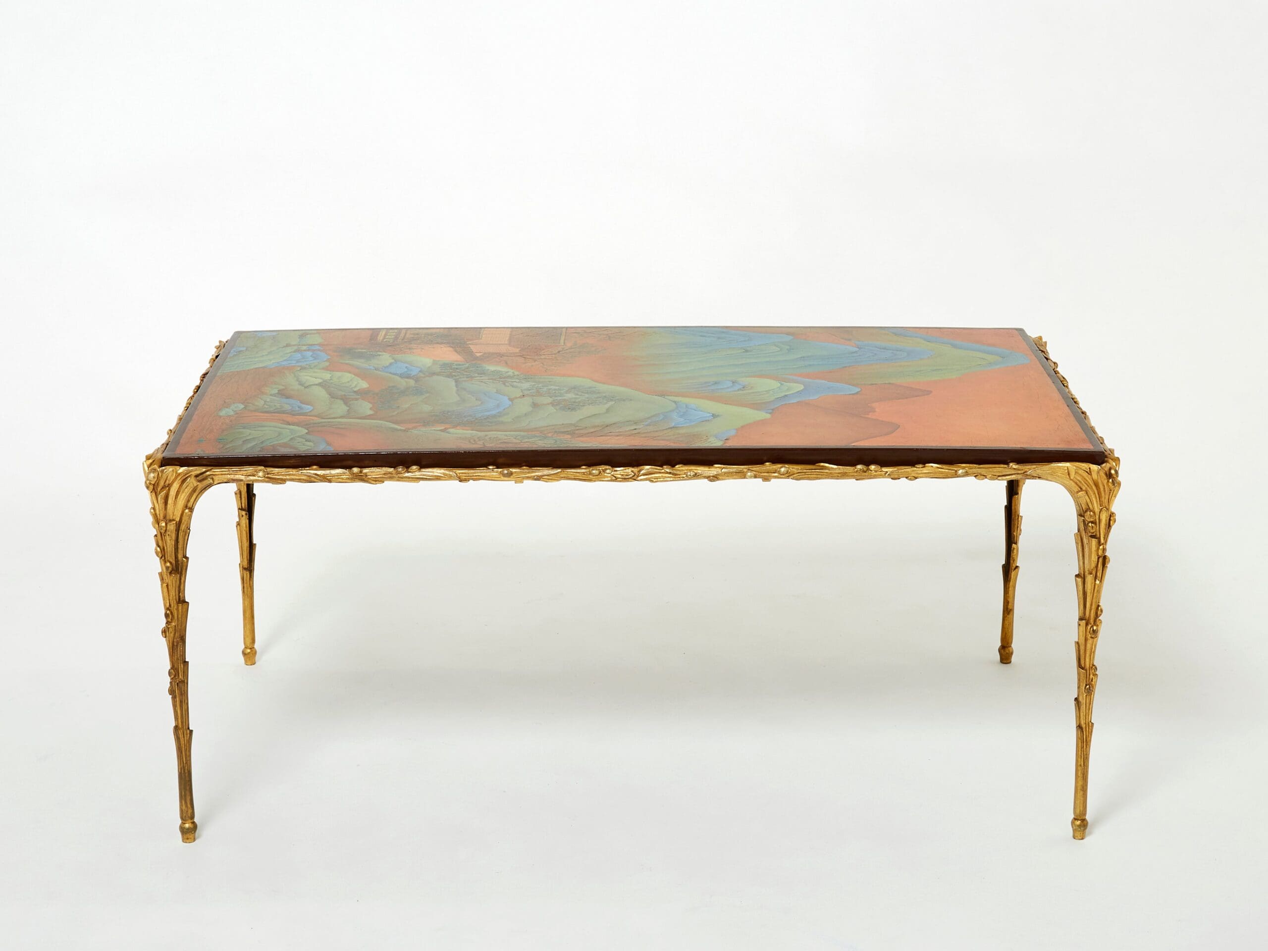 Table Basse en Bronze Bambou avec Dessus Laqué Chinois par Maison Baguès des Années 1960