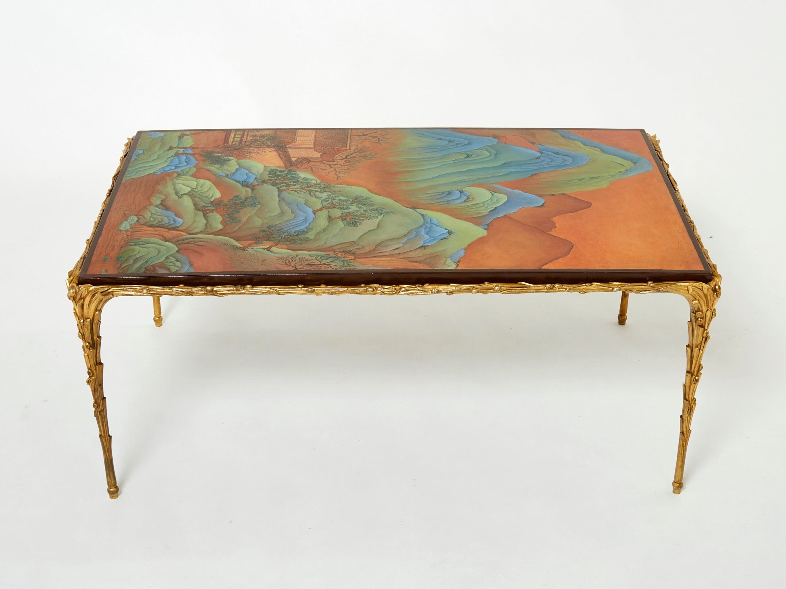Table Basse en Bronze Bambou avec Dessus Laqué Chinois par Maison Baguès des Années 1960