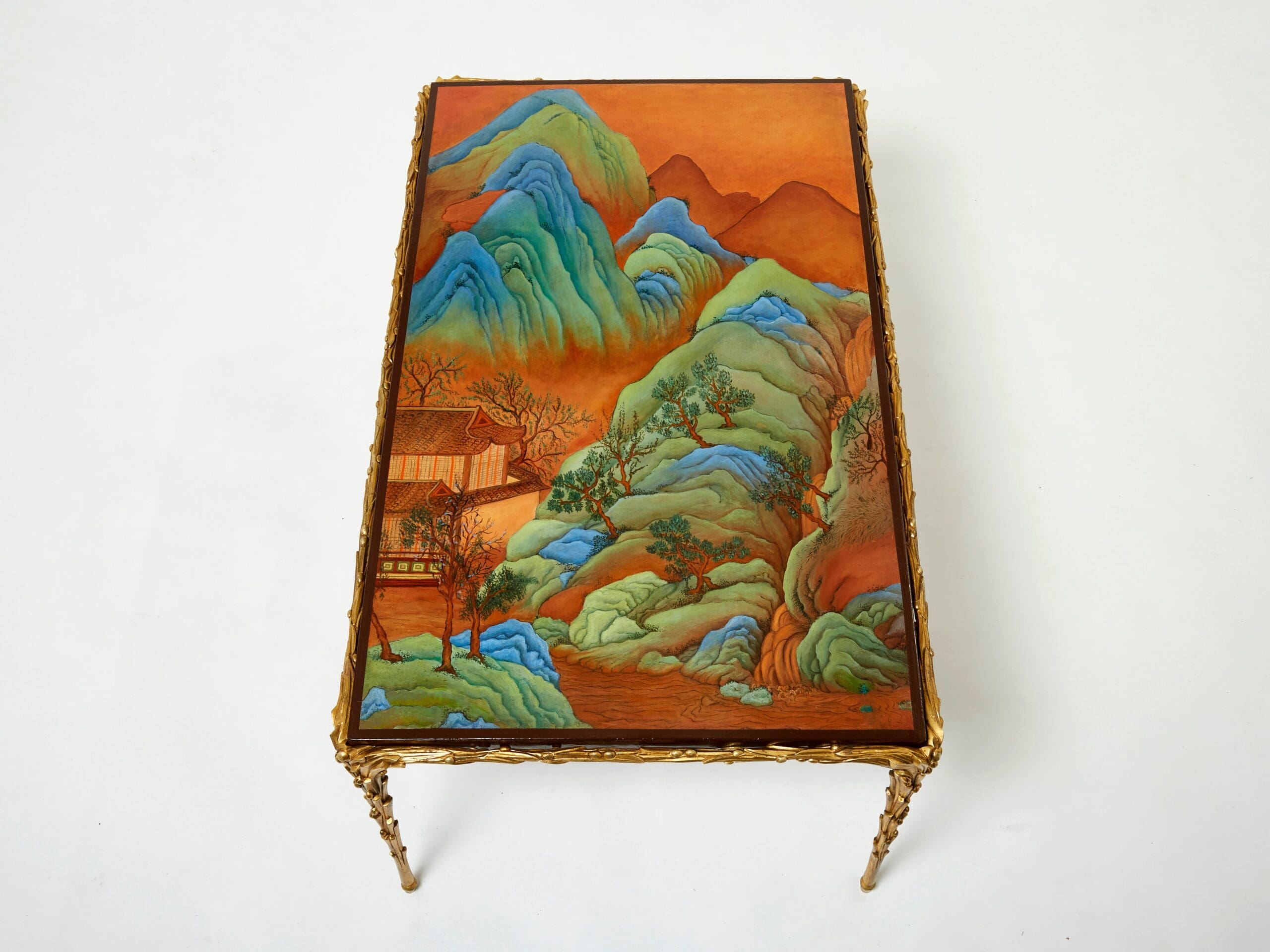 Table Basse en Bronze Bambou avec Dessus Laqué Chinois par Maison Baguès des Années 1960