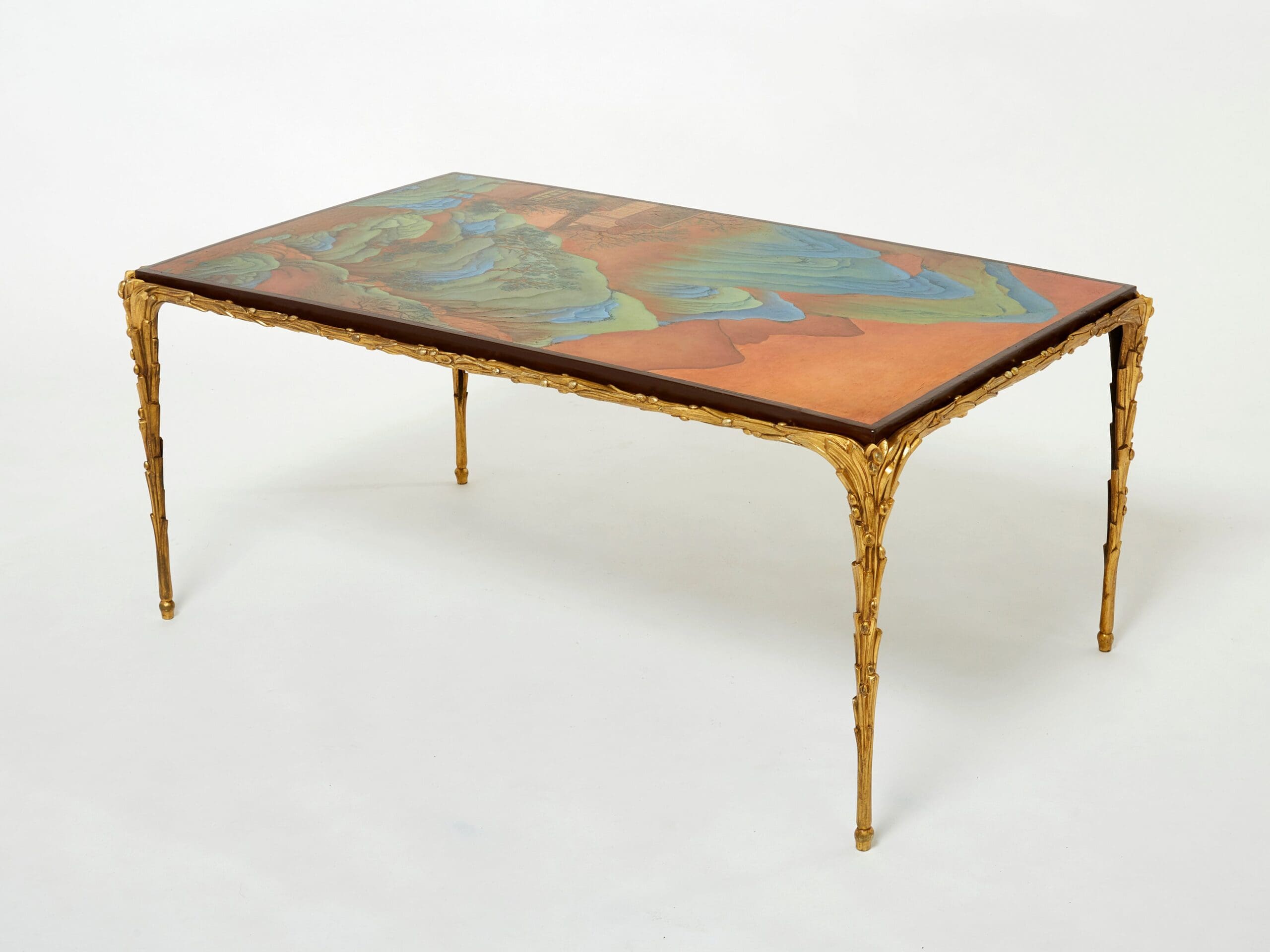 Table Basse en Bronze Bambou avec Dessus Laqué Chinois par Maison Baguès des Années 1960