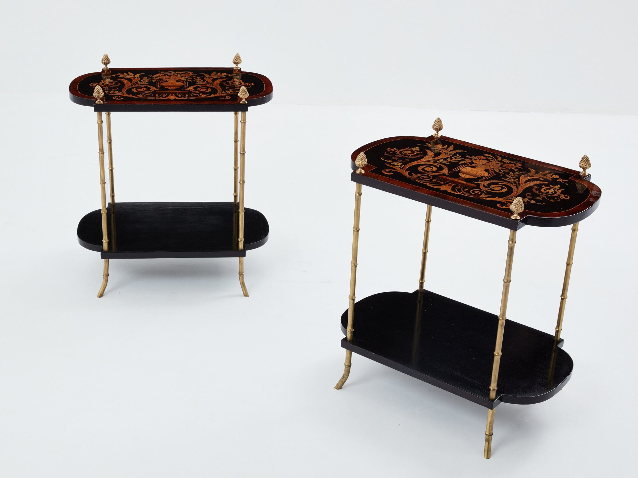 Paire de Tables d’Appoint Maison Baguès en Bronze et Marqueterie, Années 1940