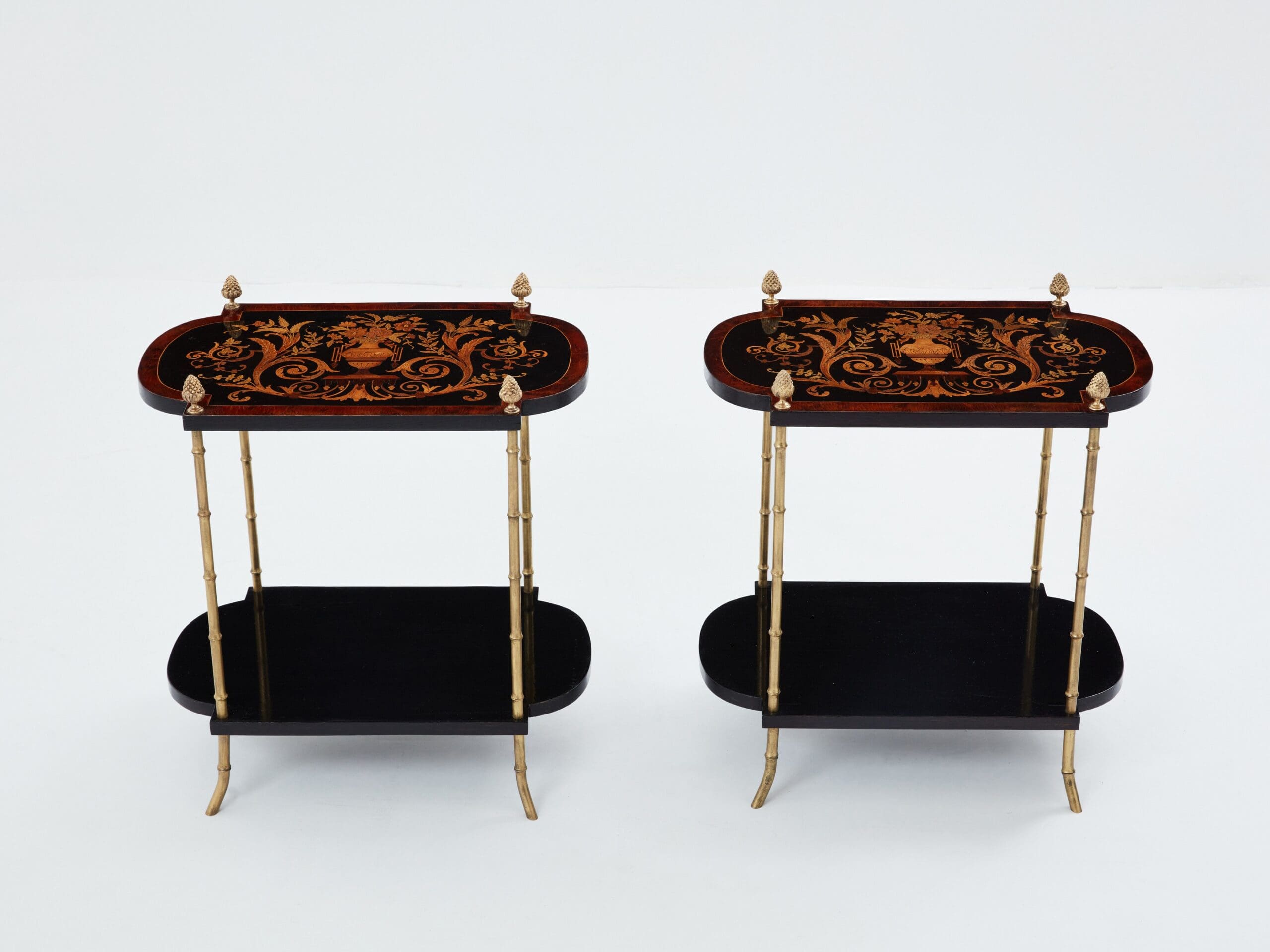 Paire de Tables d’Appoint Maison Baguès en Bronze et Marqueterie, Années 1940
