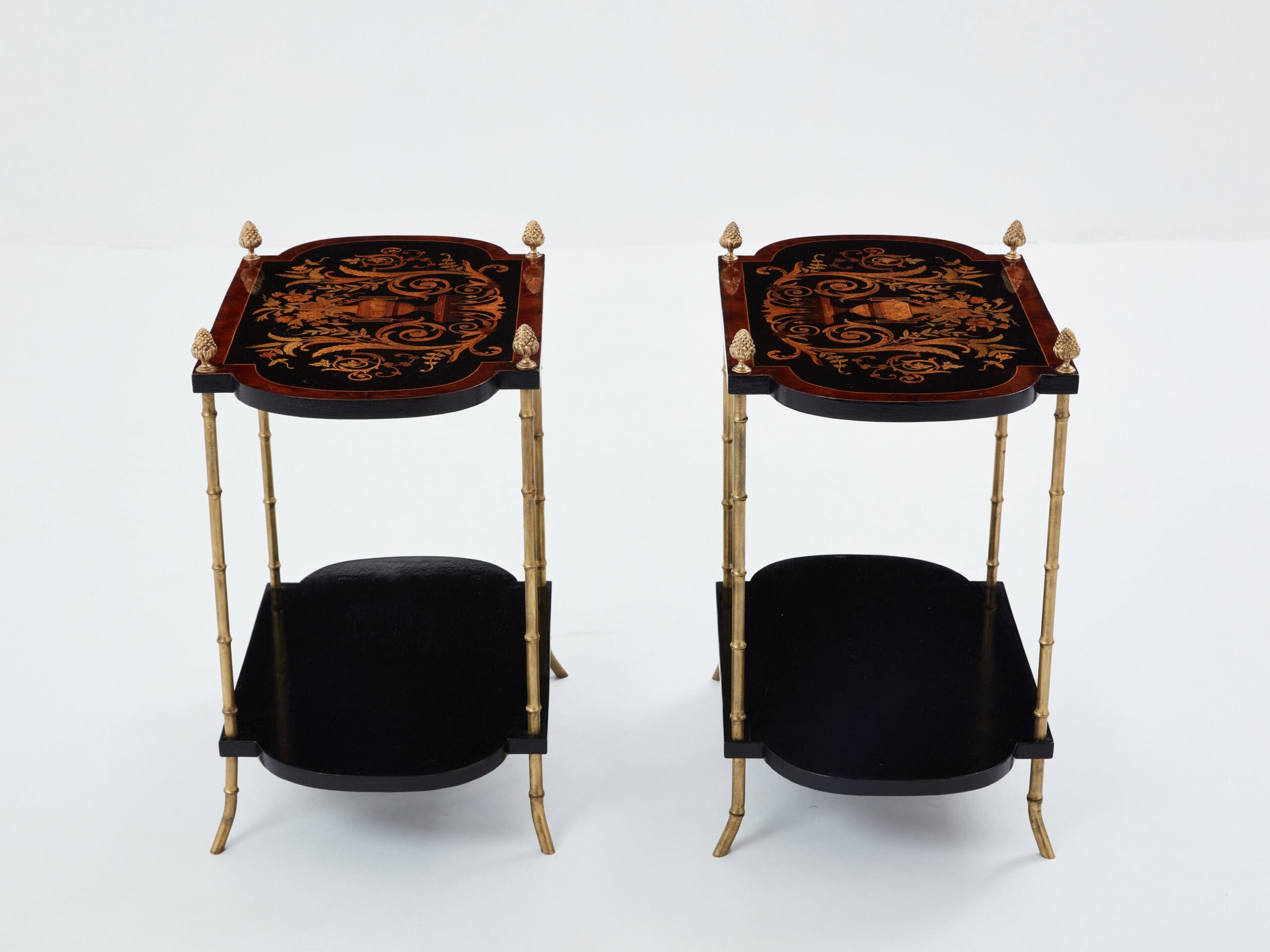Paire de Tables d’Appoint Maison Baguès en Bronze et Marqueterie, Années 1940