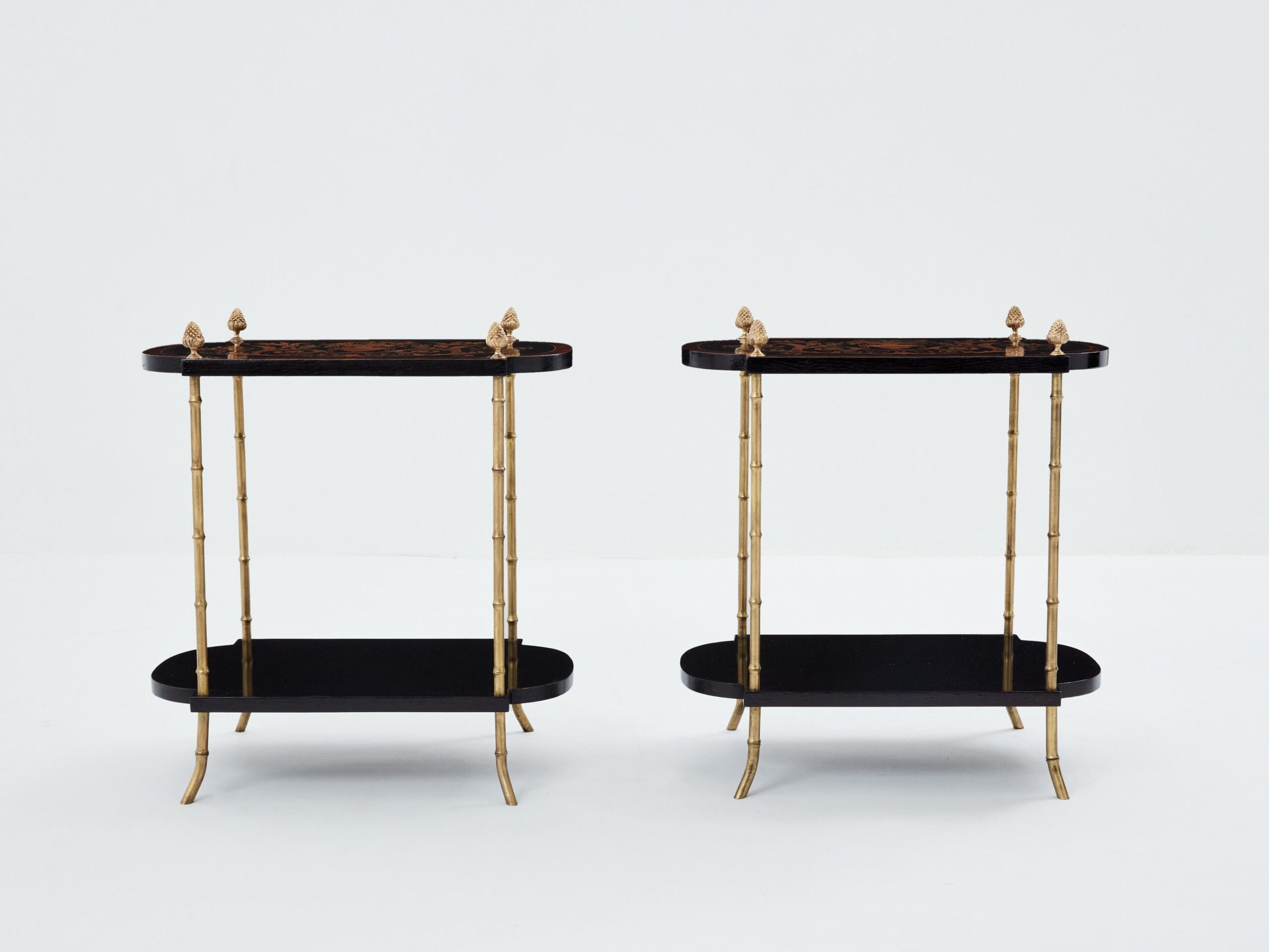 Paire de Tables d’Appoint Maison Baguès en Bronze et Marqueterie, Années 1940